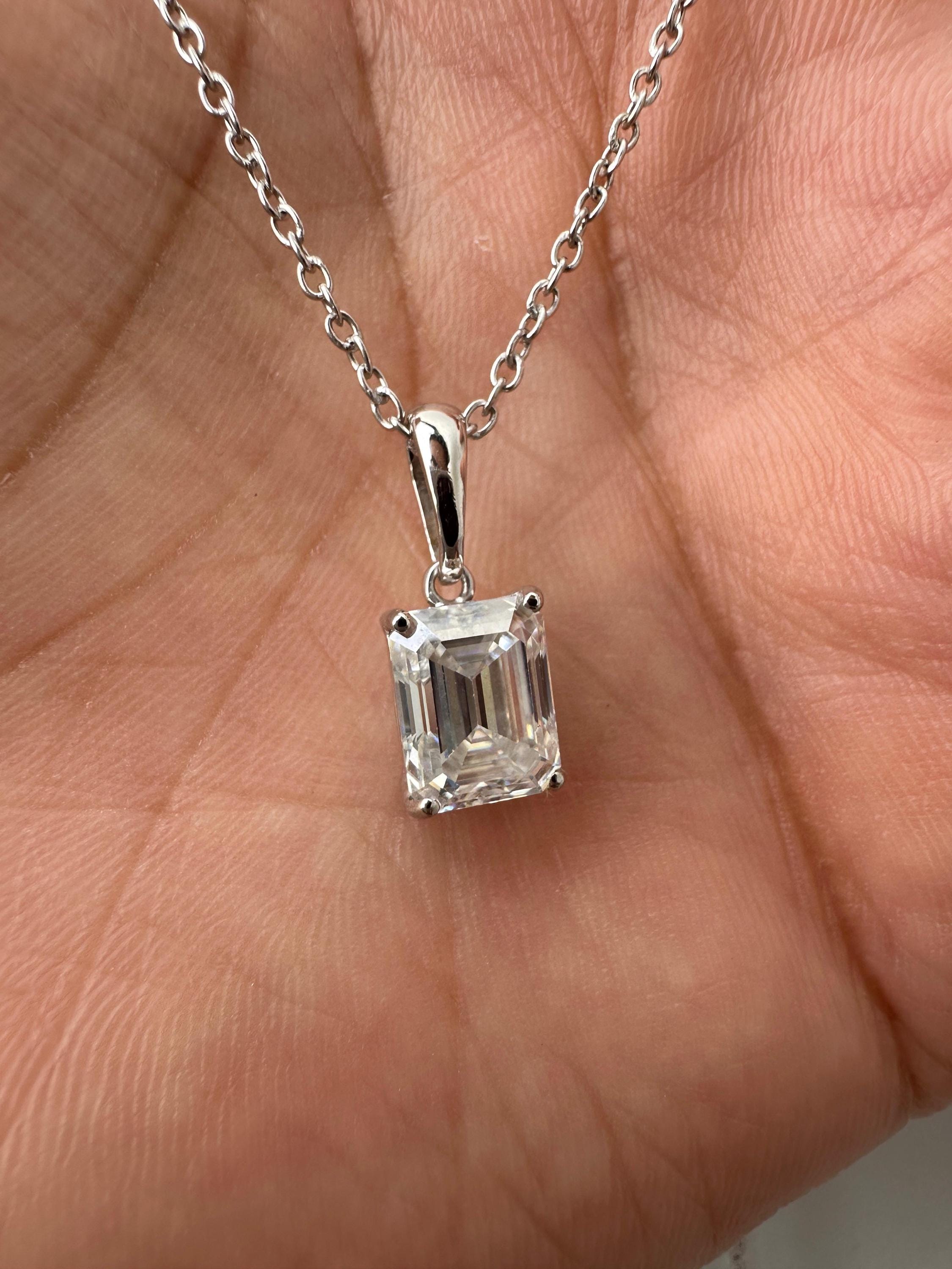2 CT Emerald Cut Moissanite Solitaire Pendant Necklace, 925 Sterling Silver, Minimalist Fine Jewelry