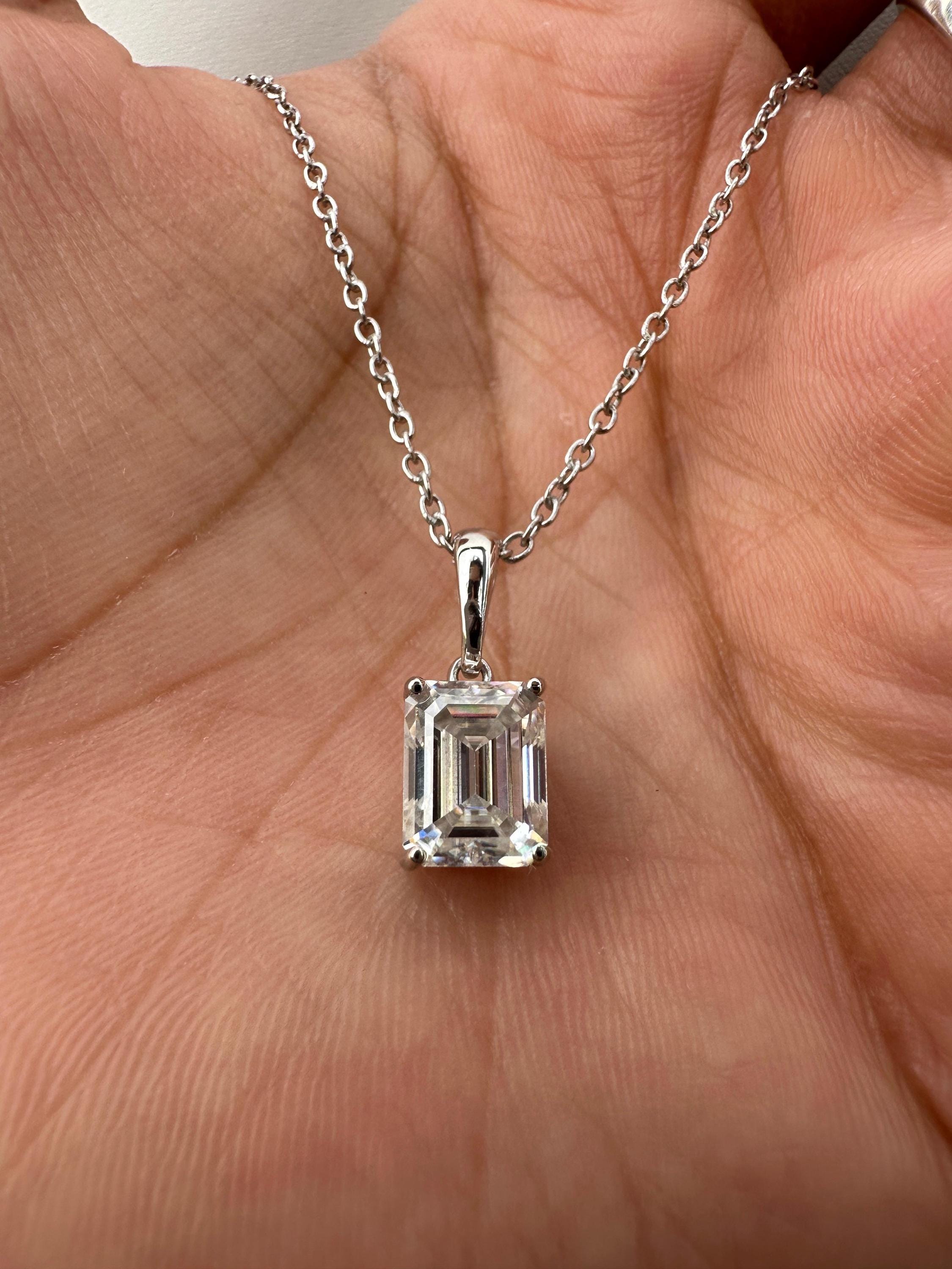 2 CT Emerald Cut Moissanite Solitaire Pendant Necklace, 925 Sterling Silver, Minimalist Fine Jewelry