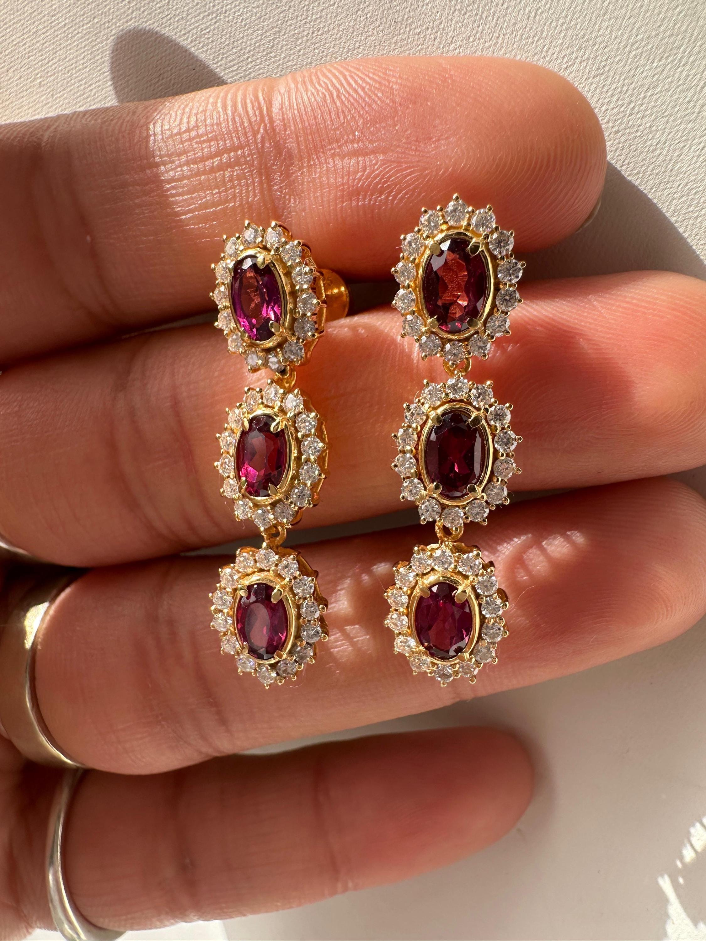 Rhodolite Moissanite Halo Dangle Earrings, 14K Gold Vermeil, Vintage Inspired Drop Style