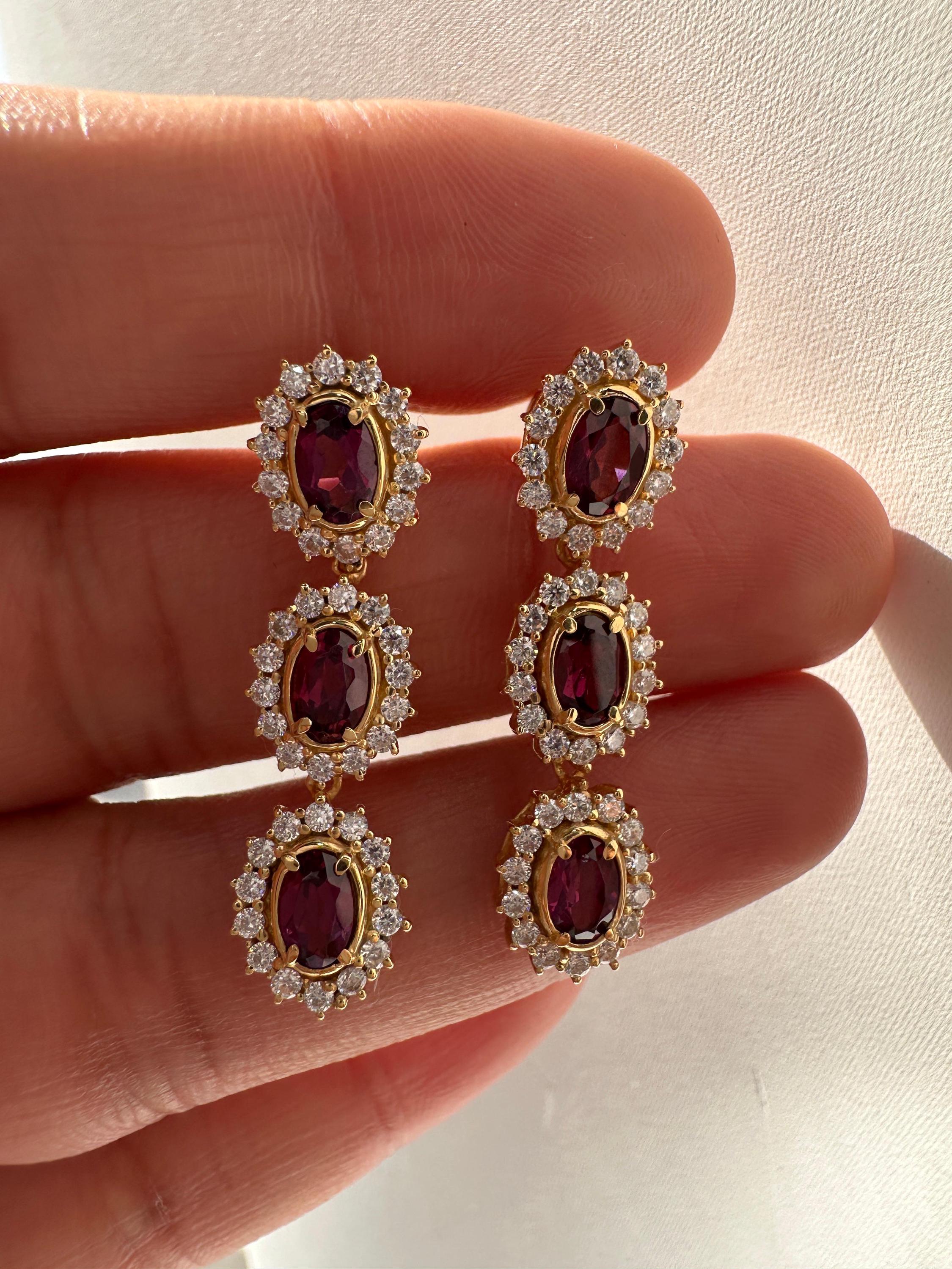 Rhodolite Moissanite Halo Dangle Earrings, 14K Gold Vermeil, Vintage Inspired Drop Style