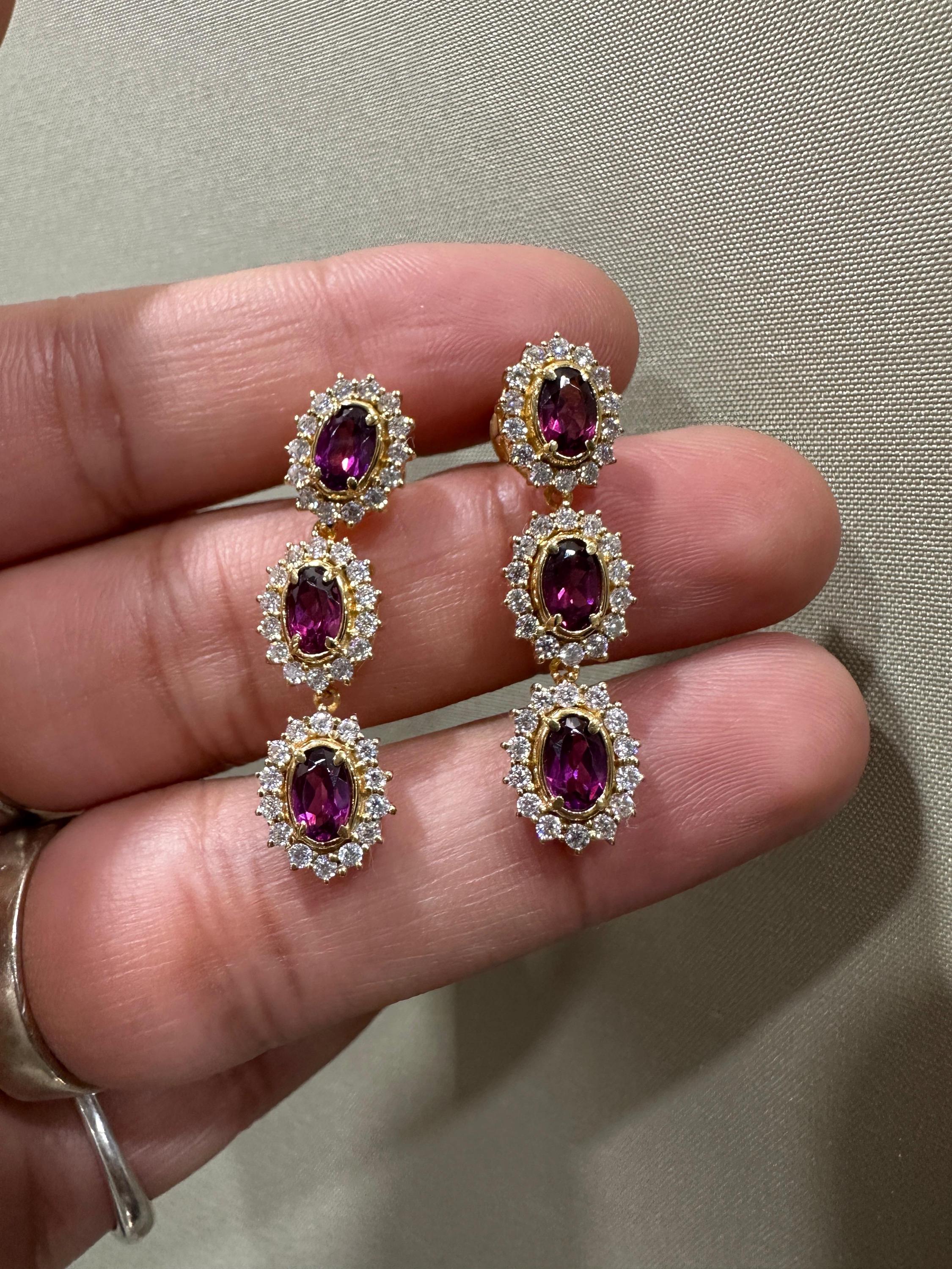 Rhodolite Moissanite Halo Dangle Earrings, 14K Gold Vermeil, Vintage Inspired Drop Style
