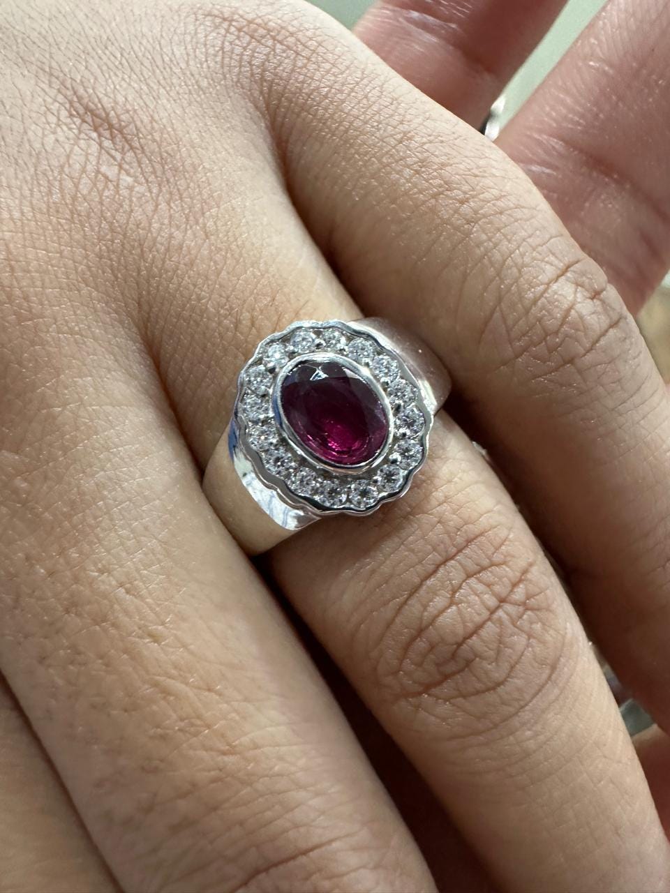 Natural Oval Ruby Halo Ring, 925 Sterling Silver, July Birthstone, Vintage Statement Jewelry