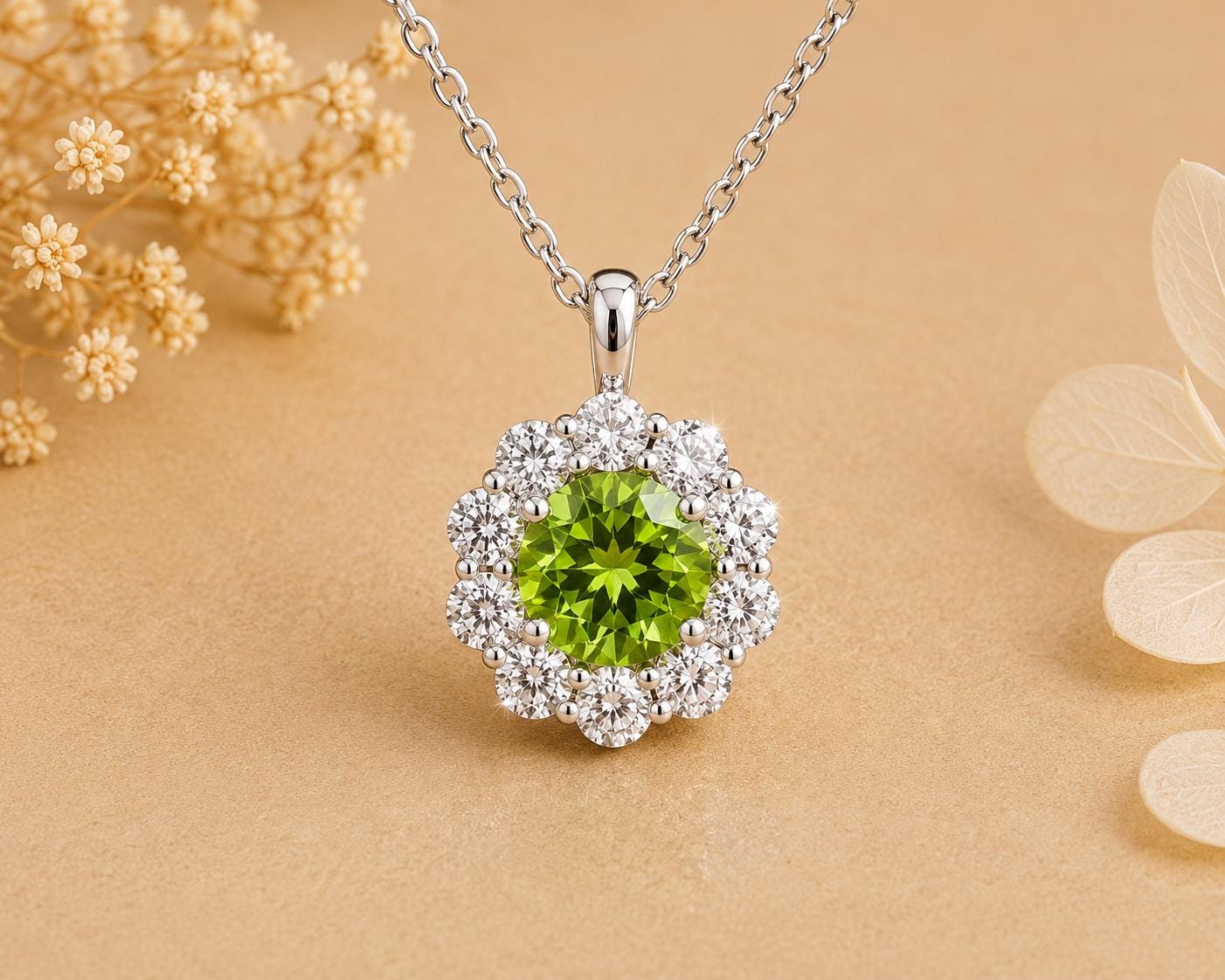 Natural Peridot Moissanite Halo Pendant | 925 Sterling Silver, Elegant gift or her