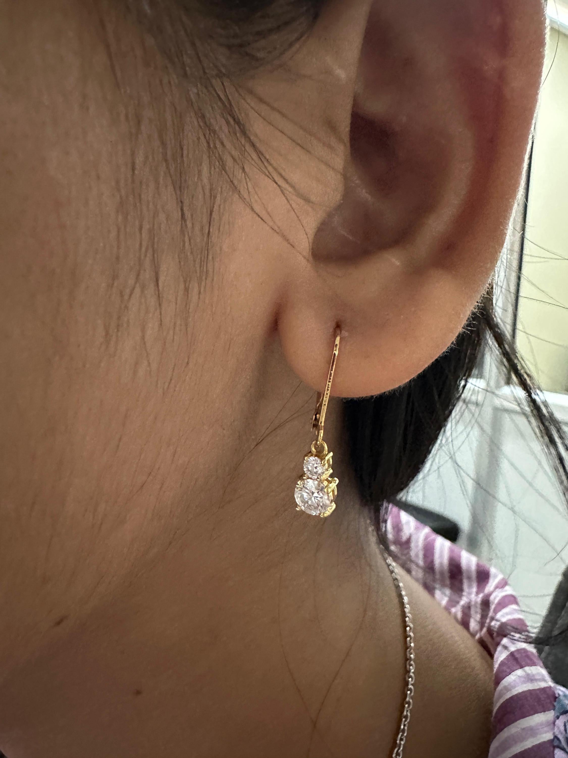 Moissanite Lever Back Drop Earrings 14K Gold, Dainty Minimal Earrings, Elegant Gift for Her