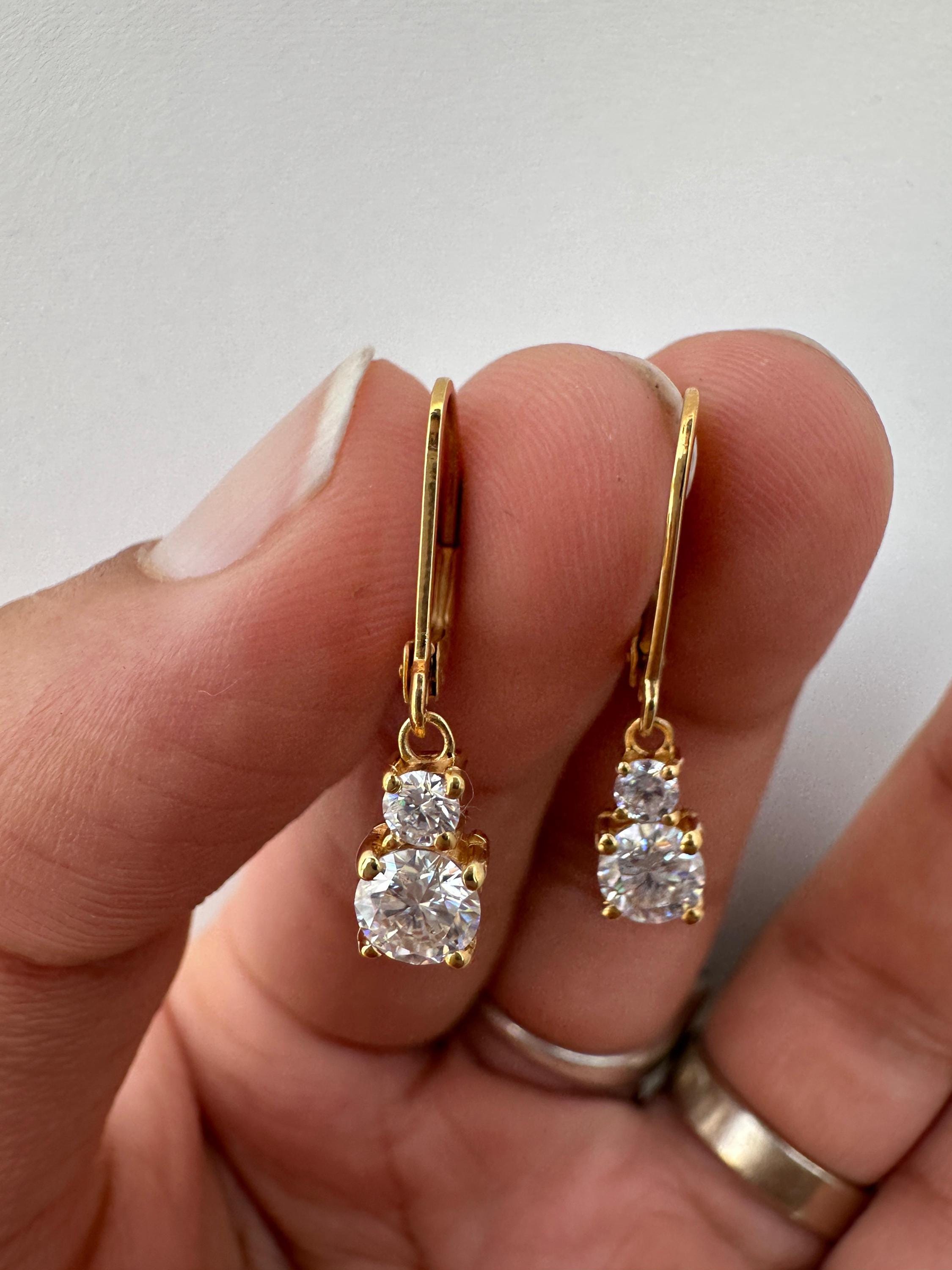 Moissanite Lever Back Drop Earrings 14K Gold, Dainty Minimal Earrings, Elegant Gift for Her
