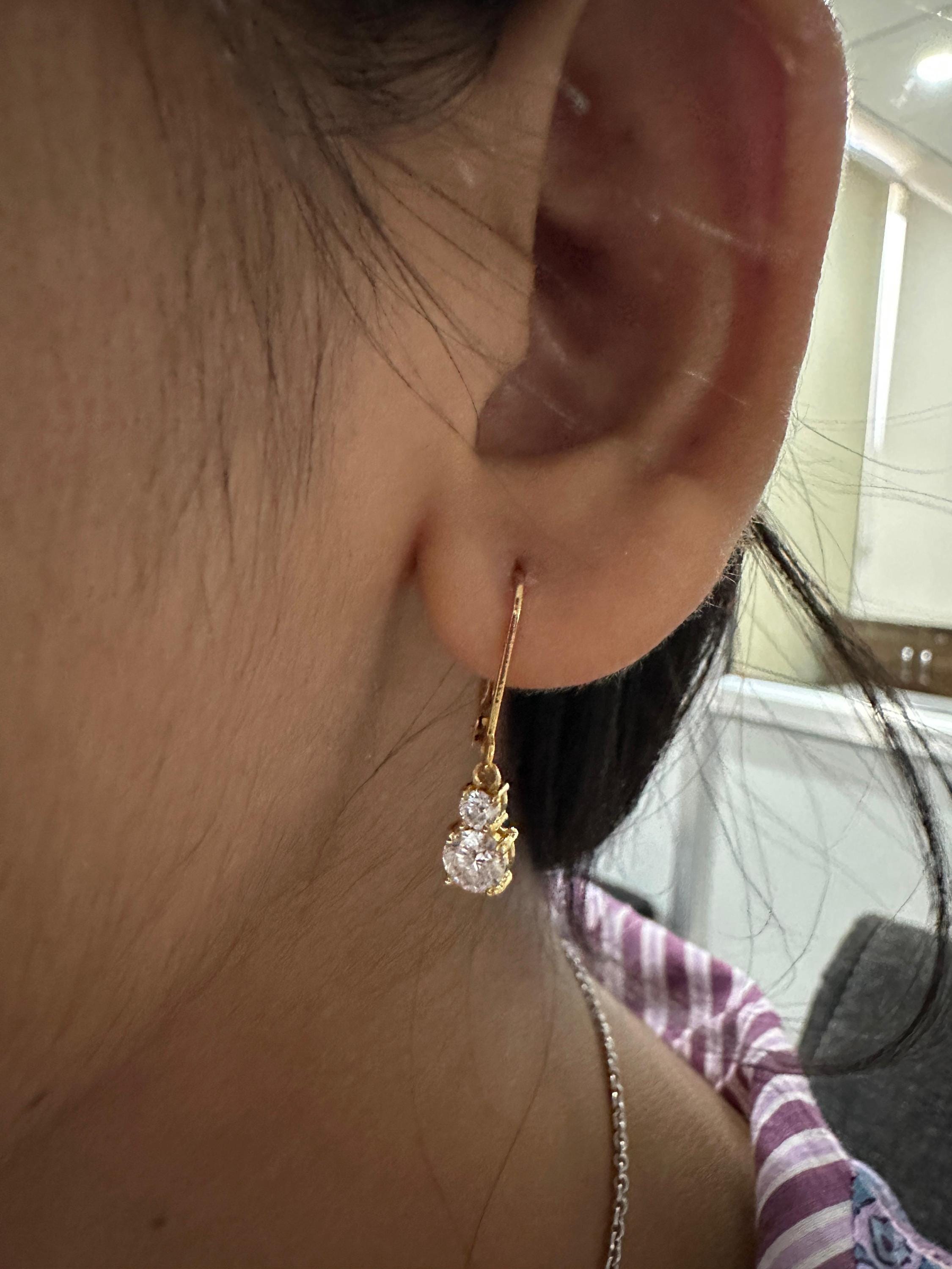 Moissanite Lever Back Drop Earrings 14K Gold, Dainty Minimal Earrings, Elegant Gift for Her