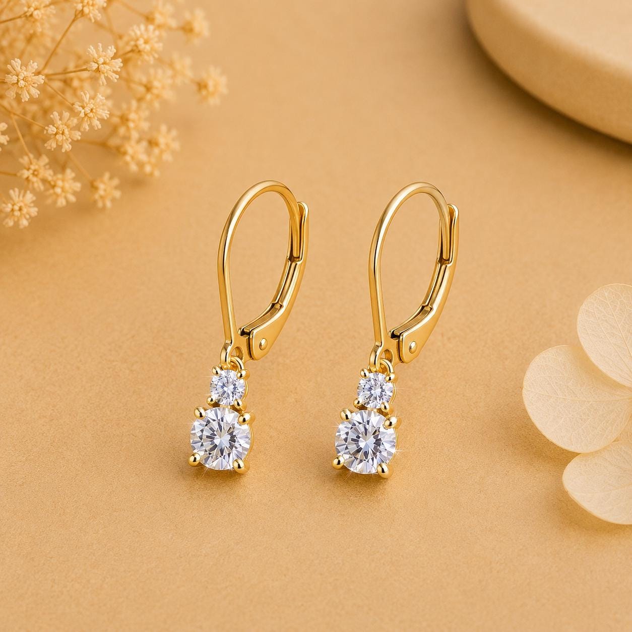 Moissanite Lever Back Drop Earrings 14K Gold, Dainty Minimal Earrings, Elegant Gift for Her