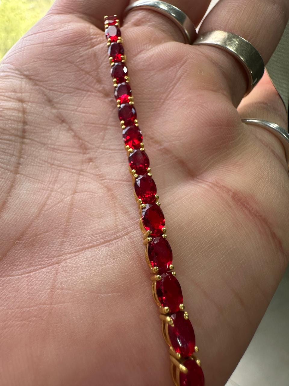 Pigeon Blood Simulated Ruby Tennis Bracelet in 14K Gold Vermeil, Luxury Gemstone Bracelet for Her or Him