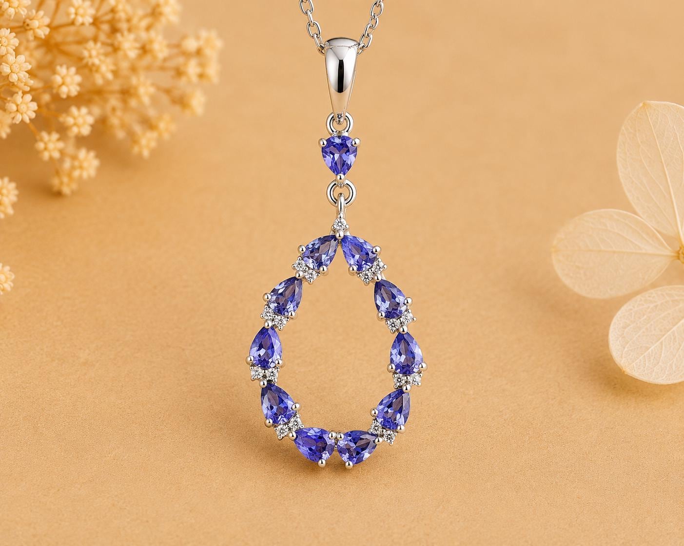 Tanzanite Pear Cut Drop Pendant Necklace, 925 Sterling Silver, Moissanite Accents