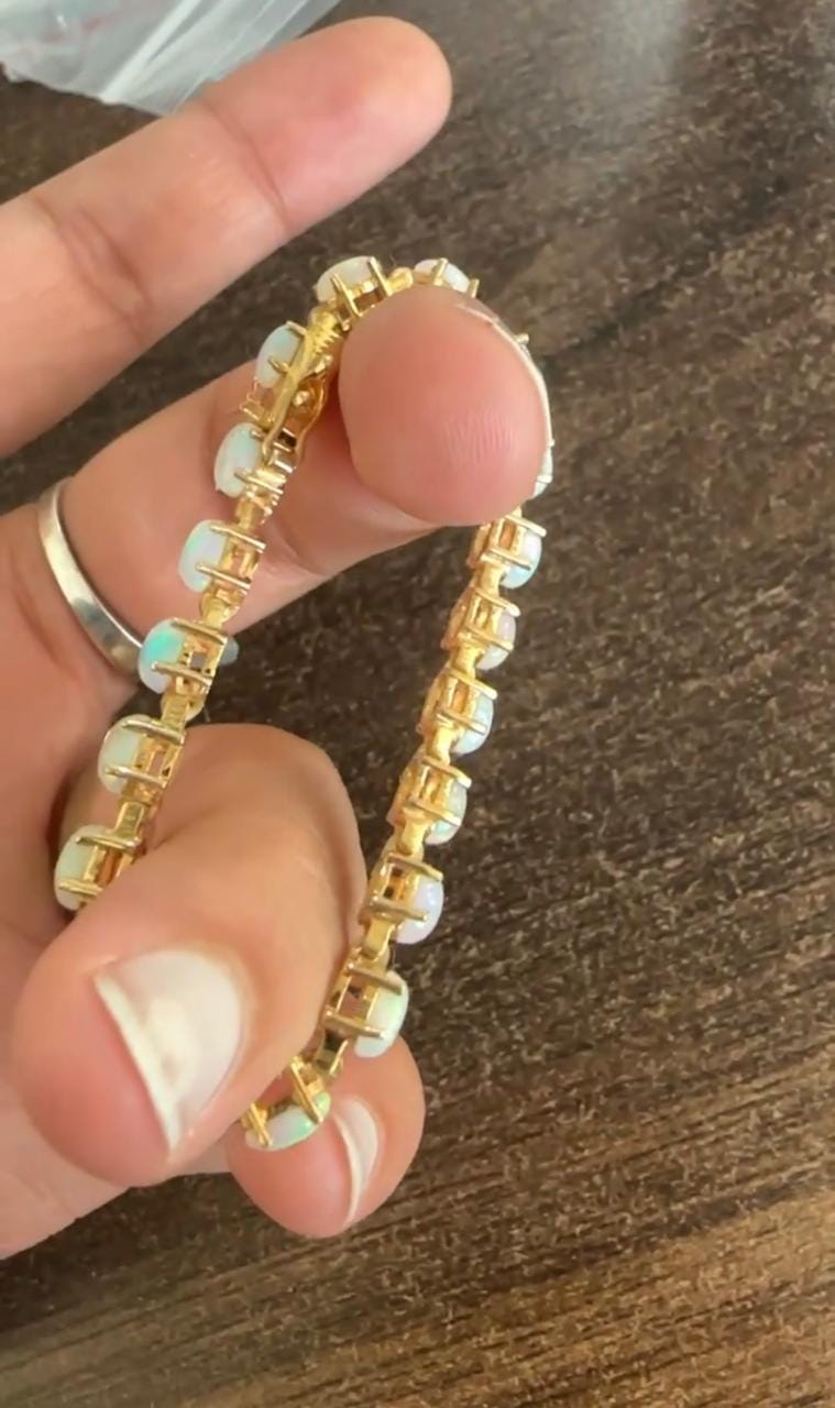 14K Gold Natural Opal Tennis Bracelet, Rainbow Fire Gemstone Jewelry, October Birthstone