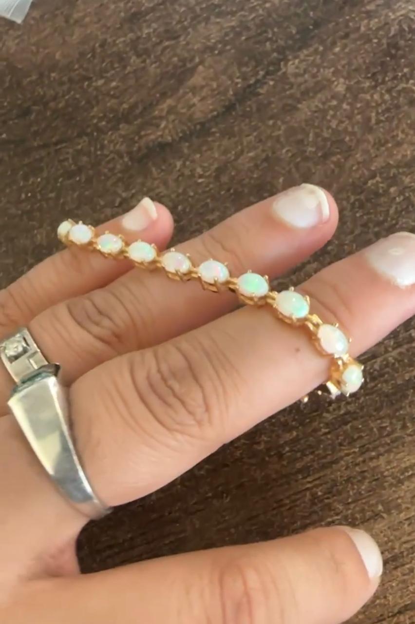14K Gold Natural Opal Tennis Bracelet, Rainbow Fire Gemstone Jewelry, October Birthstone