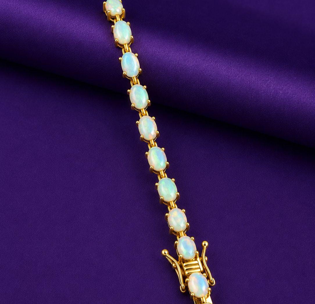 14K Gold Natural Opal Tennis Bracelet, Rainbow Fire Gemstone Jewelry, October Birthstone