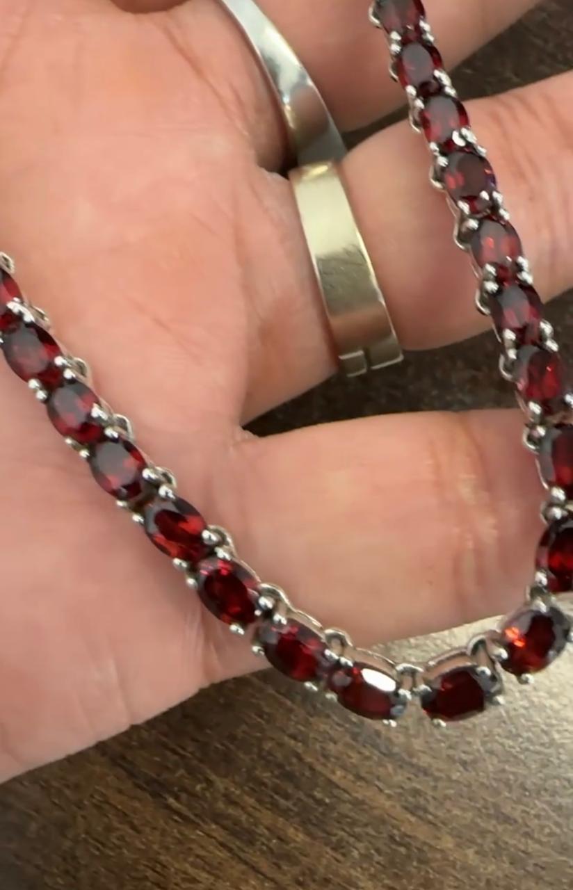 Natural Oval Garnet Tennis Necklace, 925 Sterling Silver, January Birthstone Jewelry
