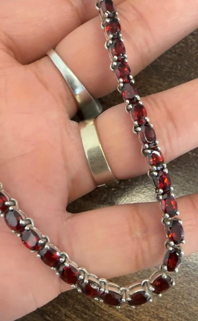 Natural Oval Garnet Tennis Necklace, 925 Sterling Silver, January Birthstone Jewelry