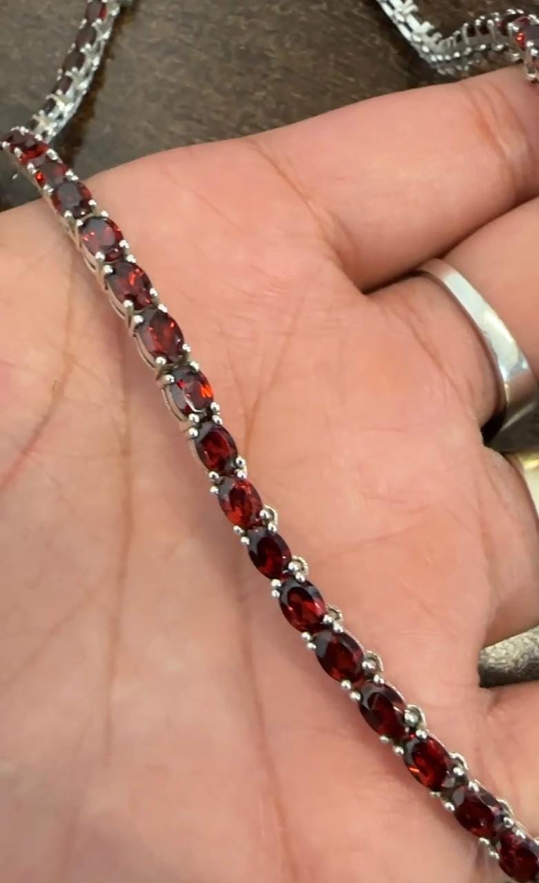 Natural Oval Garnet Tennis Necklace, 925 Sterling Silver, January Birthstone Jewelry