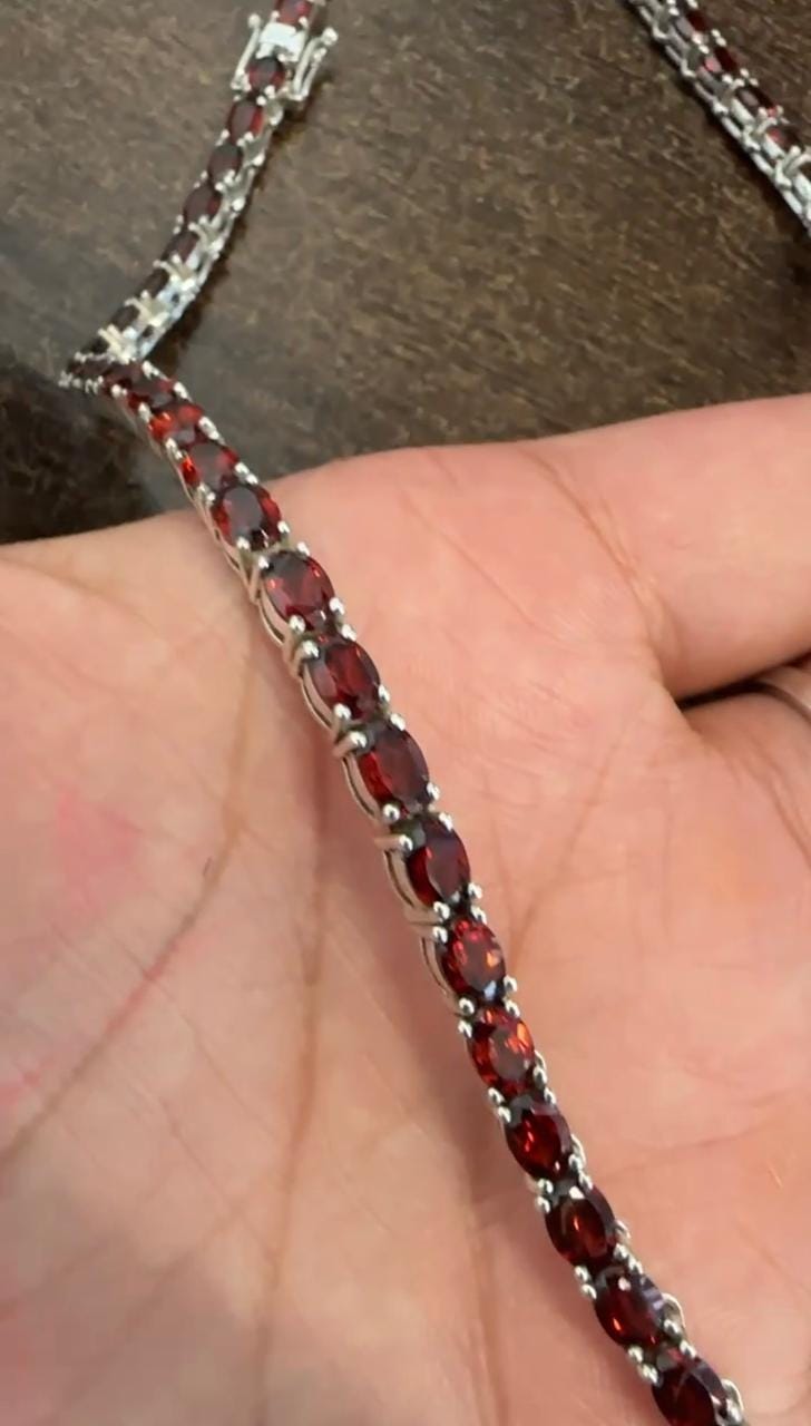 Natural Oval Garnet Tennis Necklace, 925 Sterling Silver, January Birthstone Jewelry