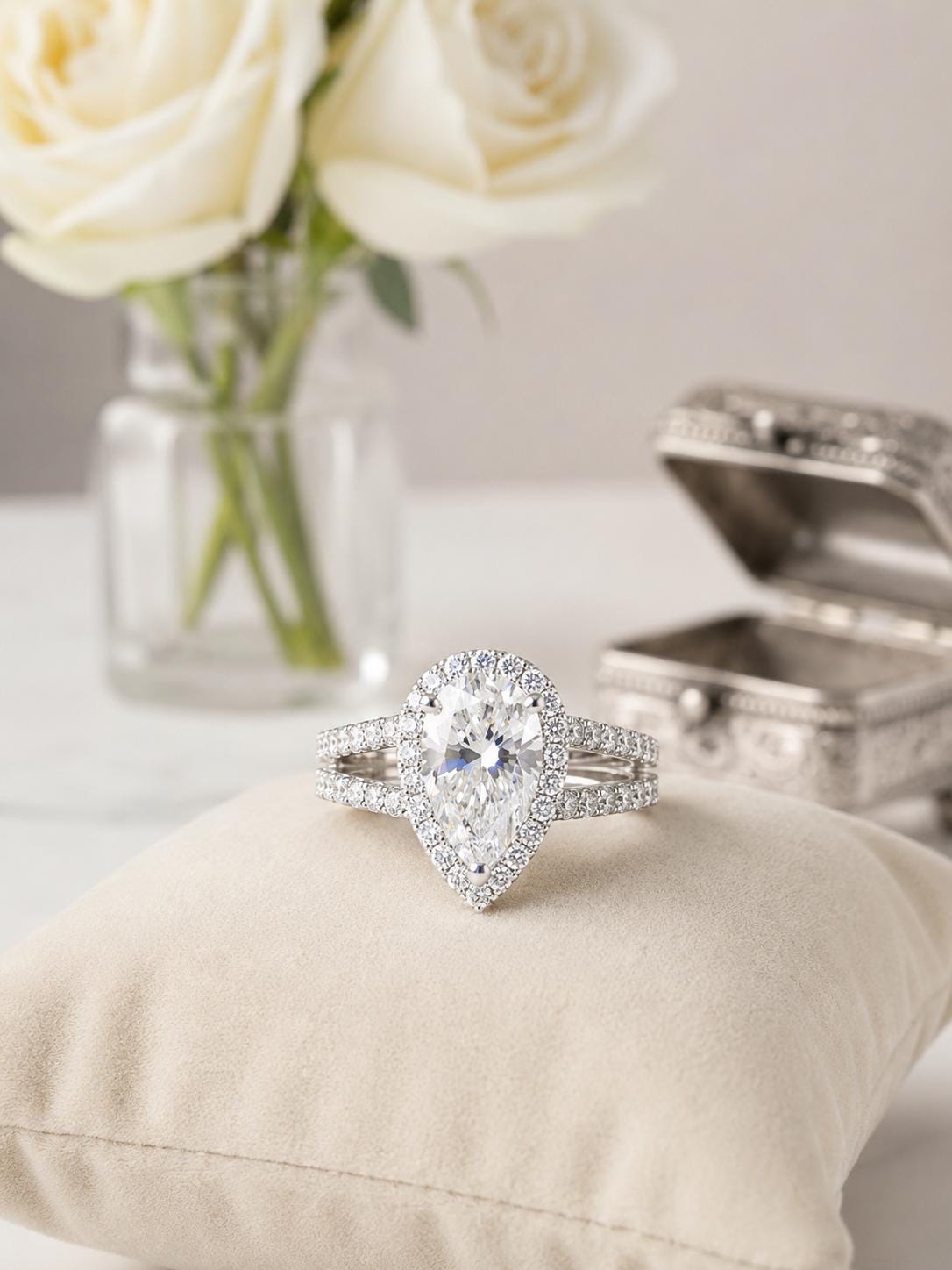 Pear Cut Moissanite Halo Split Band Engagement Ring in 14K White Gold Finish, Pear Shaped Bridal Ring, Luxury Promise Ring Gift for Her