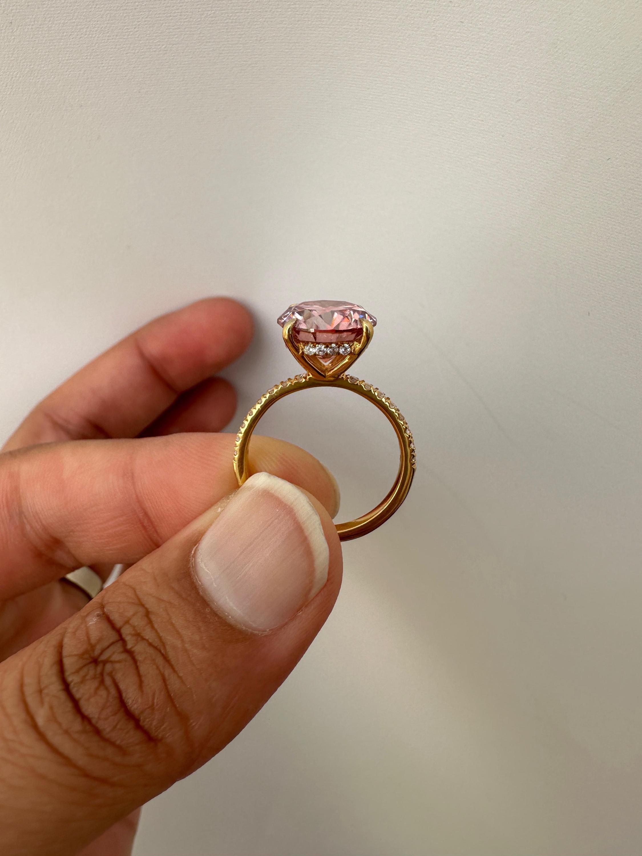 4 CT Pink Moissanite Engagement Ring, Hidden Halo Pavé Band, 14k Gold Vermeil