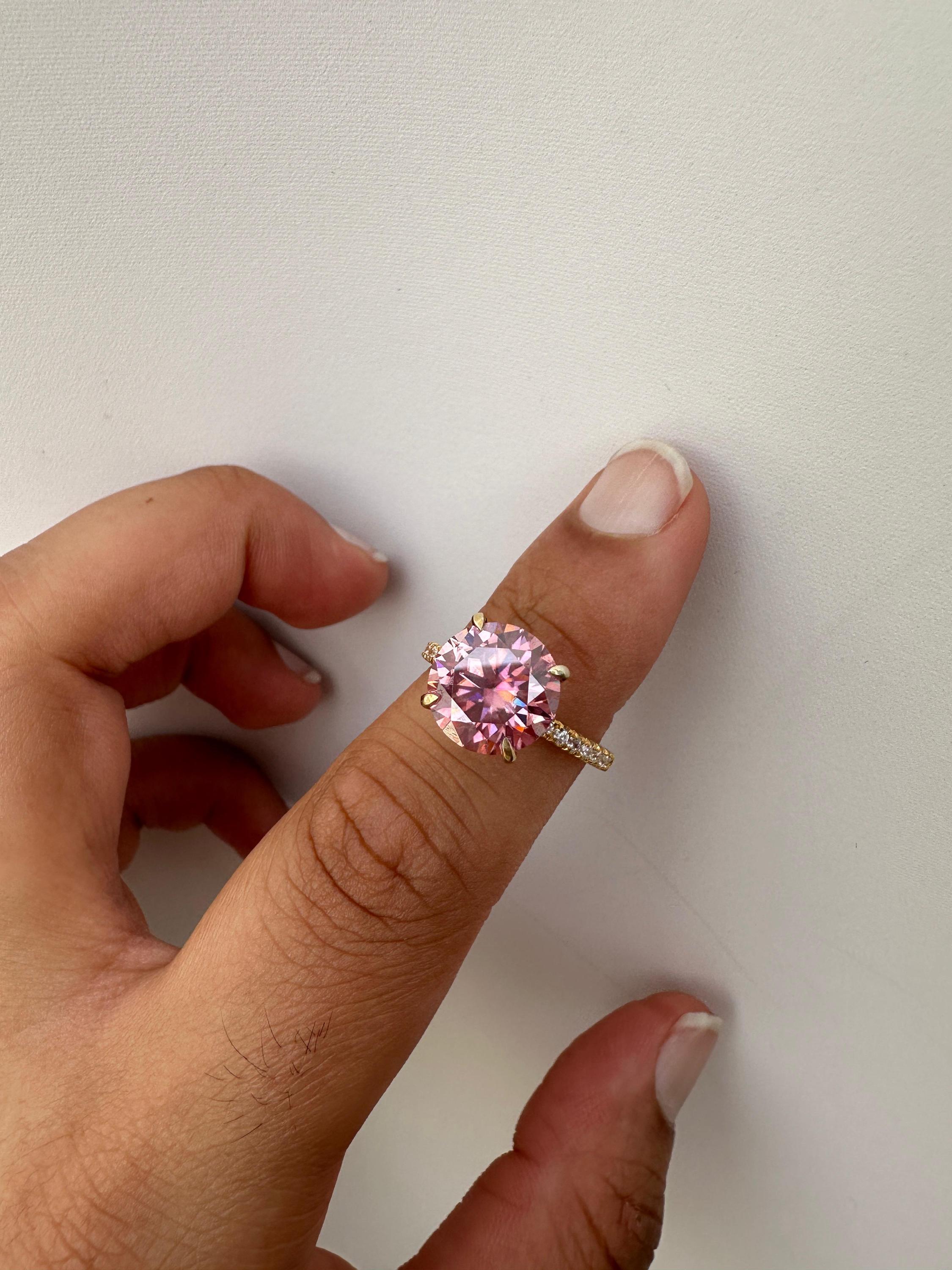 4 CT Pink Moissanite Engagement Ring, Hidden Halo Pavé Band, 14k Gold Vermeil