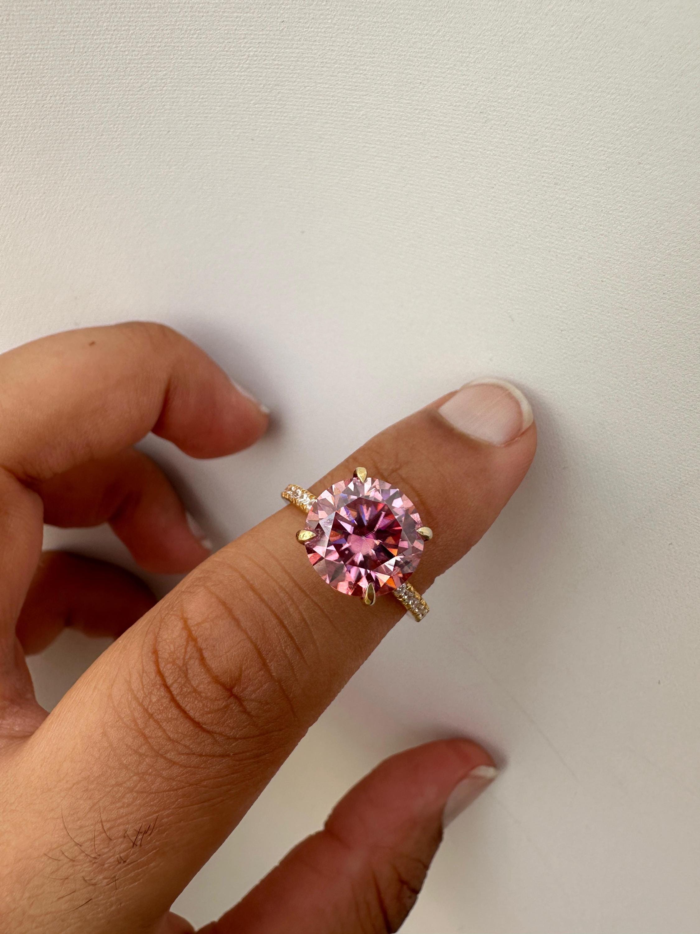 4 CT Pink Moissanite Engagement Ring, Hidden Halo Pavé Band, 14k Gold Vermeil