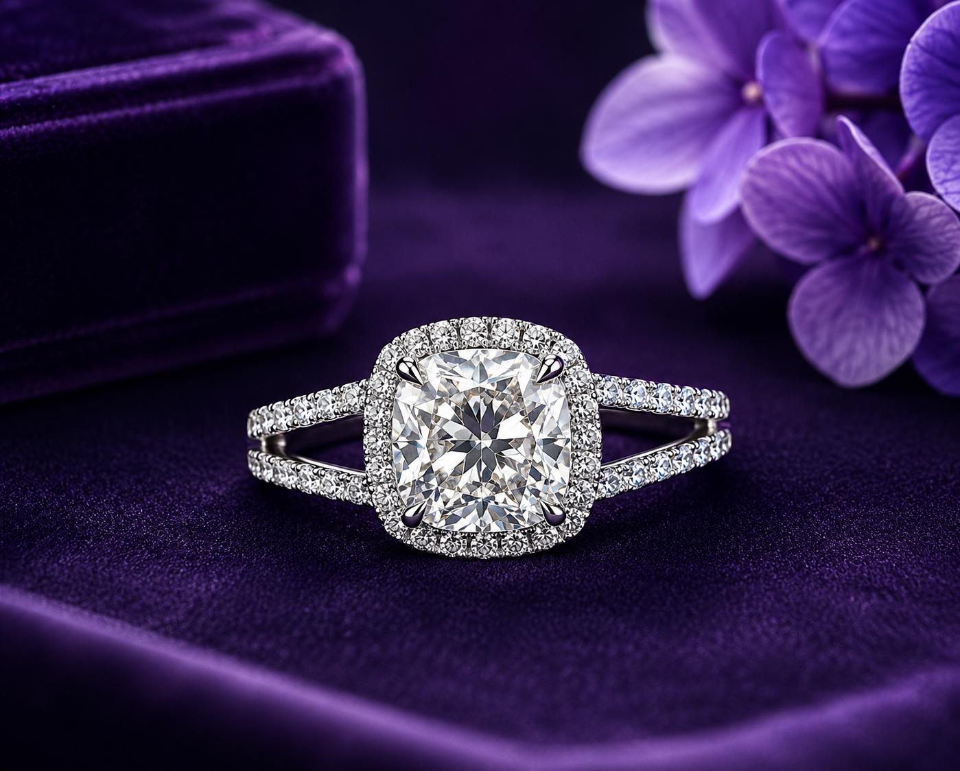 Cushion Moissanite Halo Engagement Ring – 925 Sterling Silver, 14k White Gold Finish
