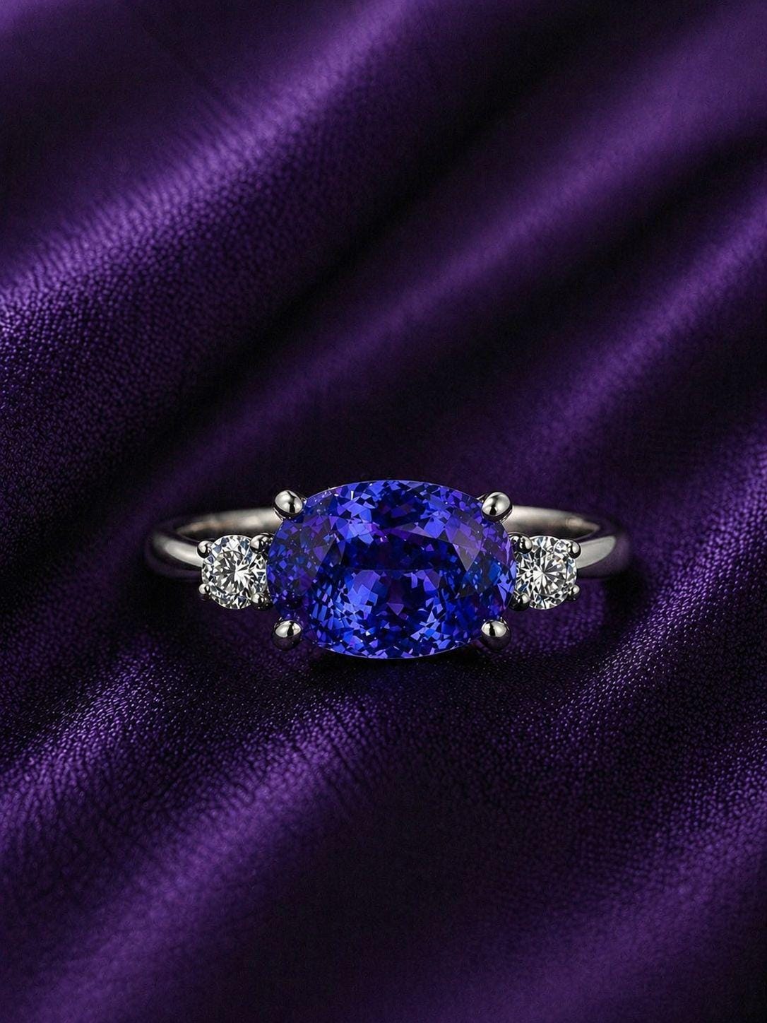 14K Rose Gold Oval Tanzanite Ring – Elegant Solitaire Engagement Ring, Diamond Accents