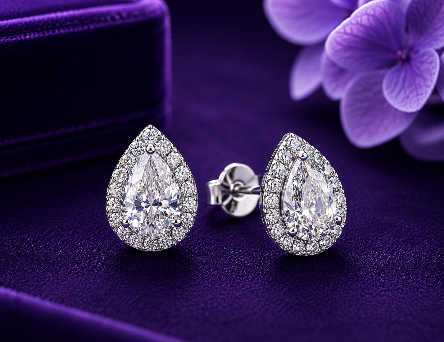 Pear Moissanite Halo Stud Earrings | 925 Sterling Silver, Platinum Finish