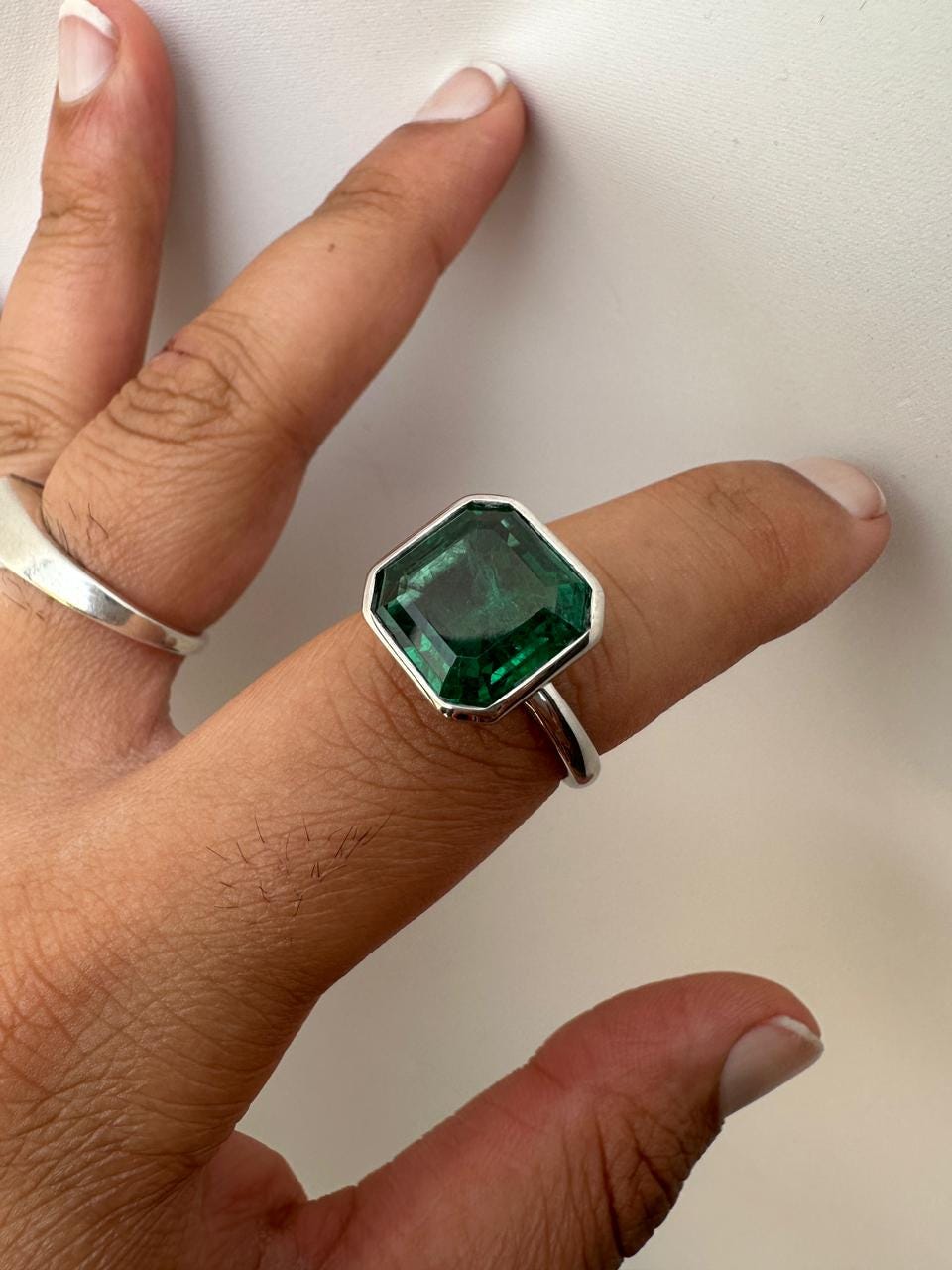 10 CT Asscher Cut Emerald Engagement Ring, 14k White Gold Statement Ring for Her