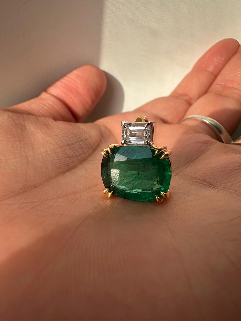 10 CT Lab Emerald Cushion Cut Pendant, Moissanite Accent, Sterling Silver Snake Chain