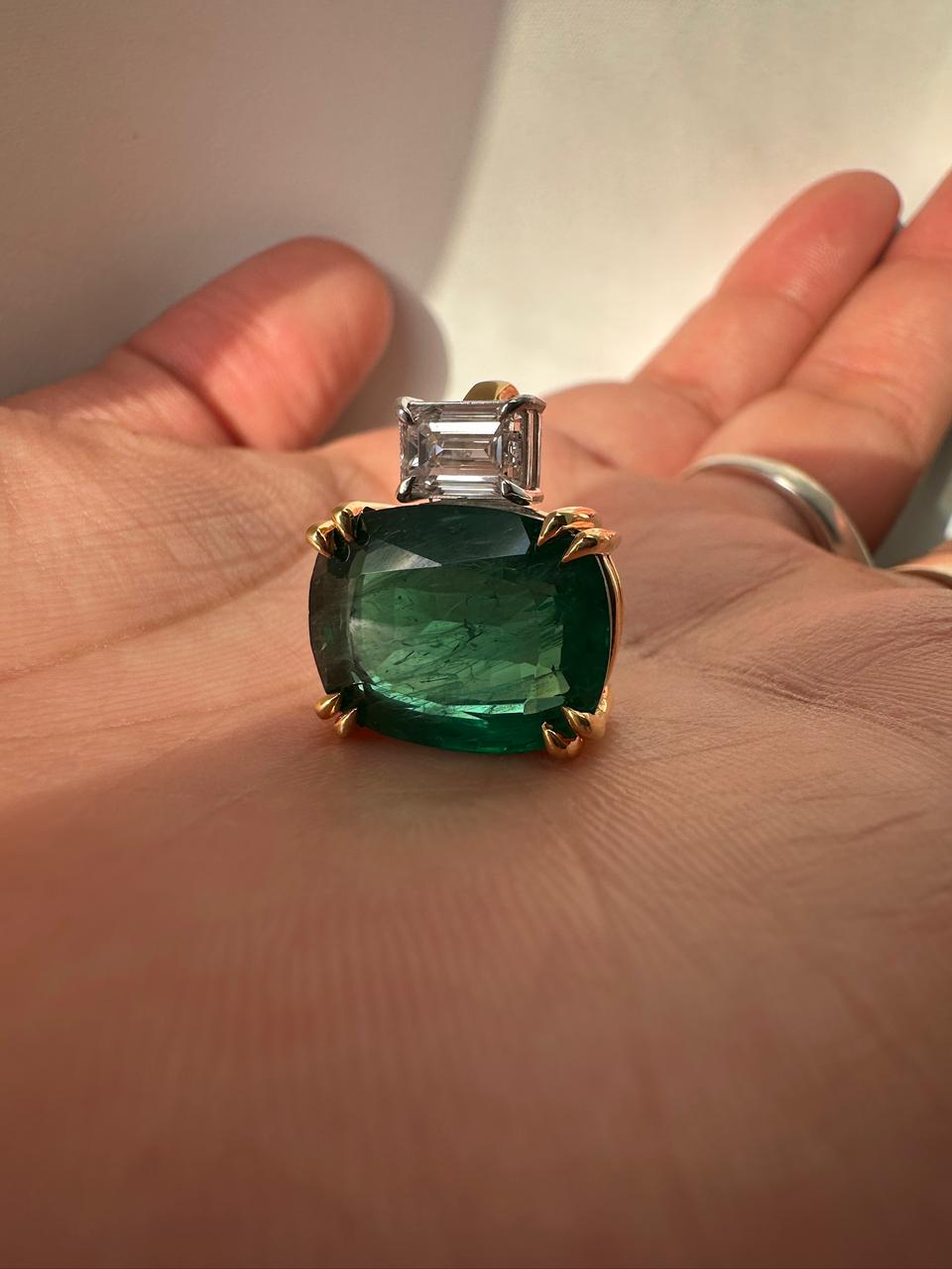 10 CT Lab Emerald Cushion Cut Pendant, Moissanite Accent, Sterling Silver Snake Chain