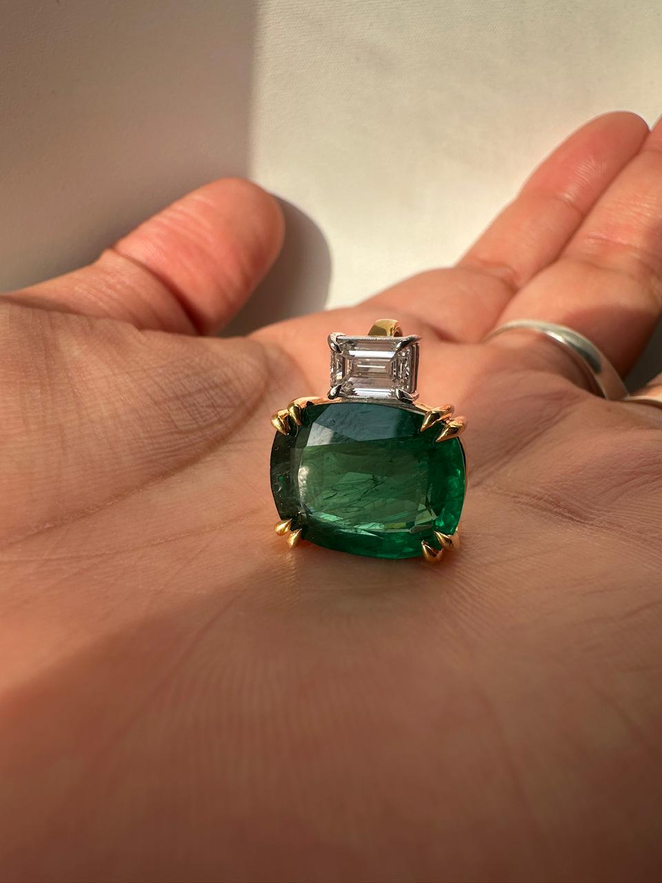 10 CT Lab Emerald Cushion Cut Pendant, Moissanite Accent, Sterling Silver Snake Chain
