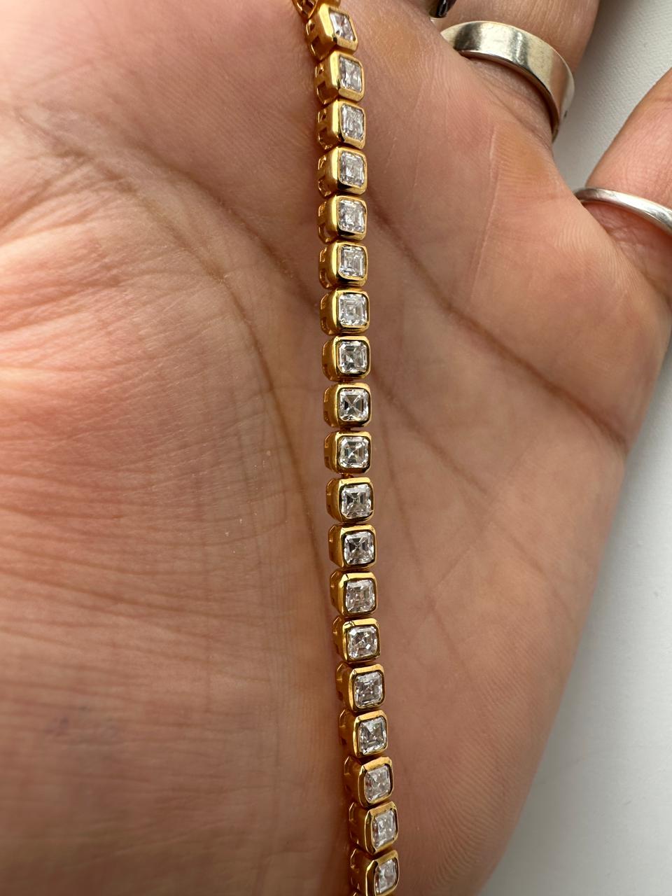 Asscher Cut Moissanite Tennis Bracelet | 14K Gold Bezel Set Statement Jewelry
