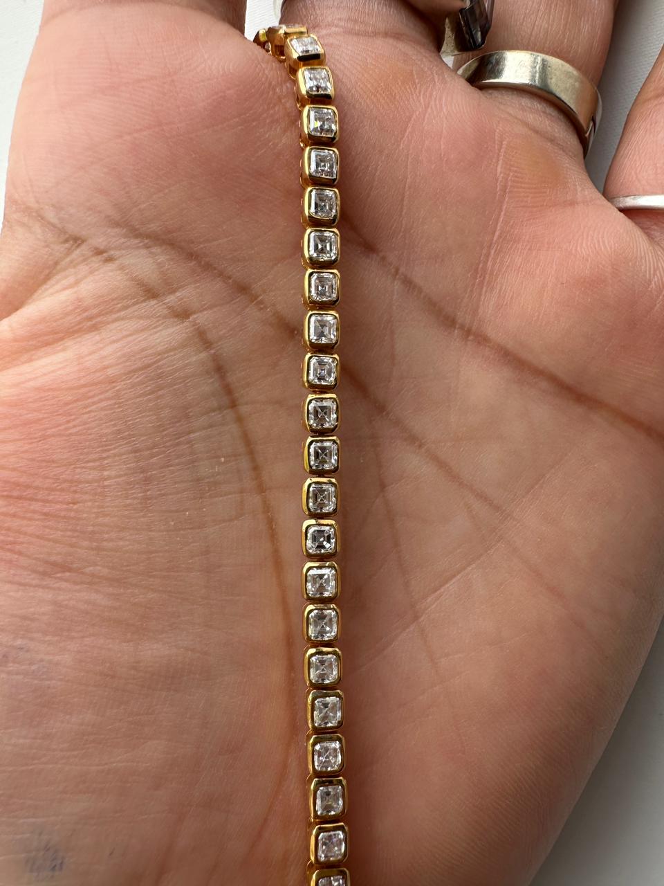 Asscher Cut Moissanite Tennis Bracelet | 14K Gold Bezel Set Statement Jewelry
