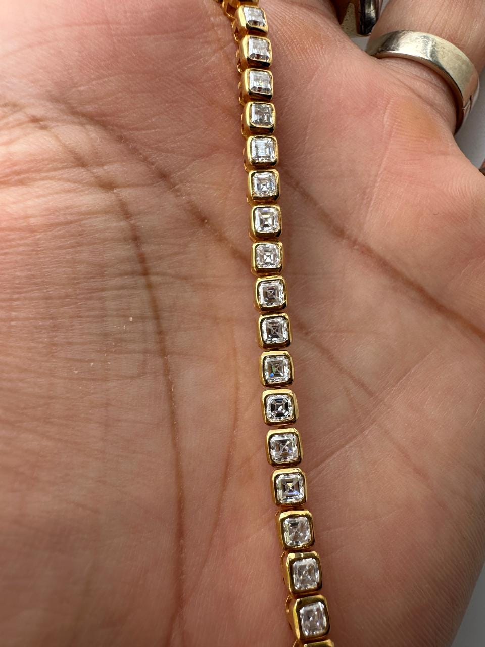 Asscher Cut Moissanite Tennis Bracelet | 14K Gold Bezel Set Statement Jewelry