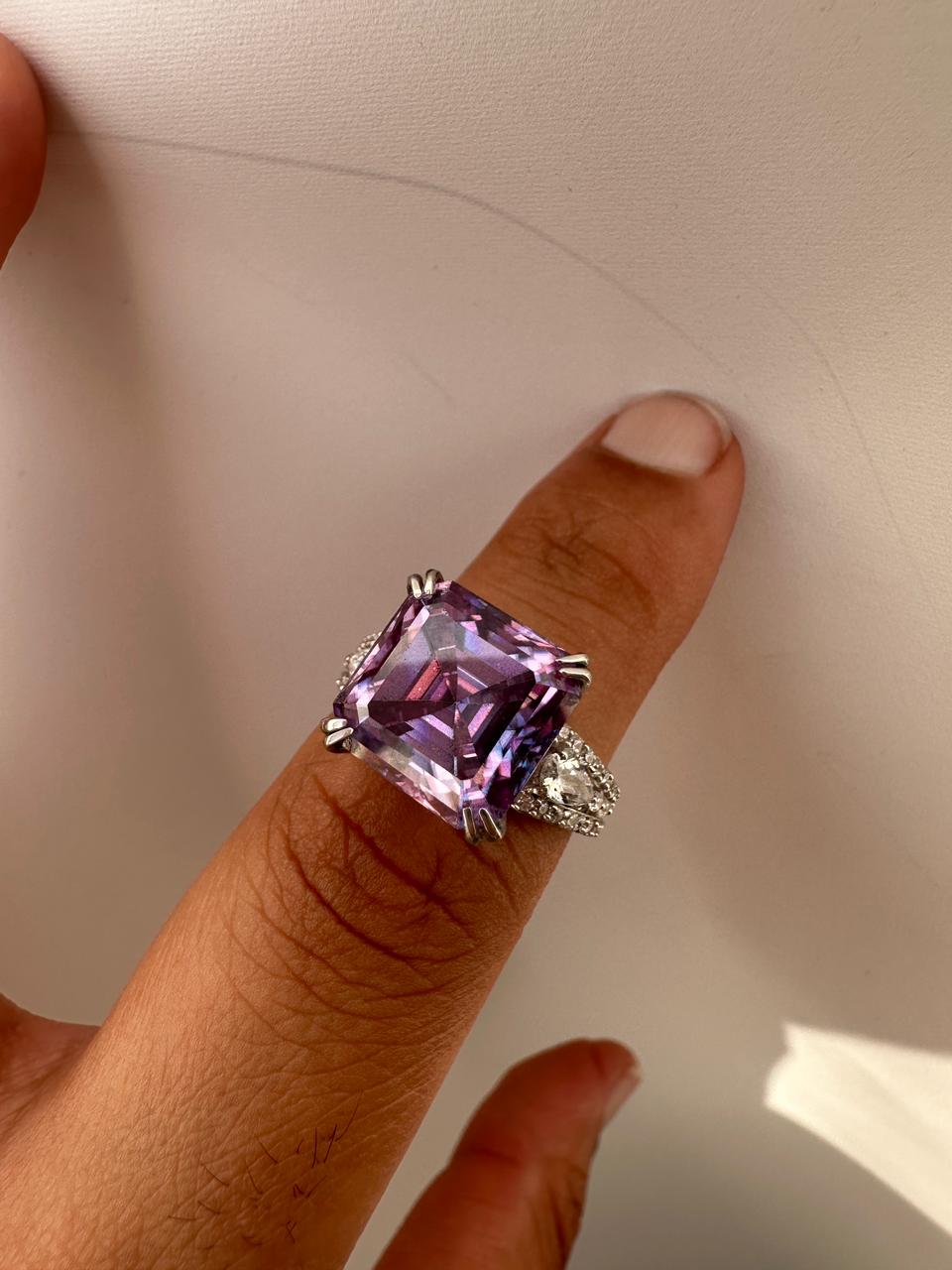 Lavender Asscher Moissanite Ring, 10 CT Luxury Engagement Ring 14k White Gold