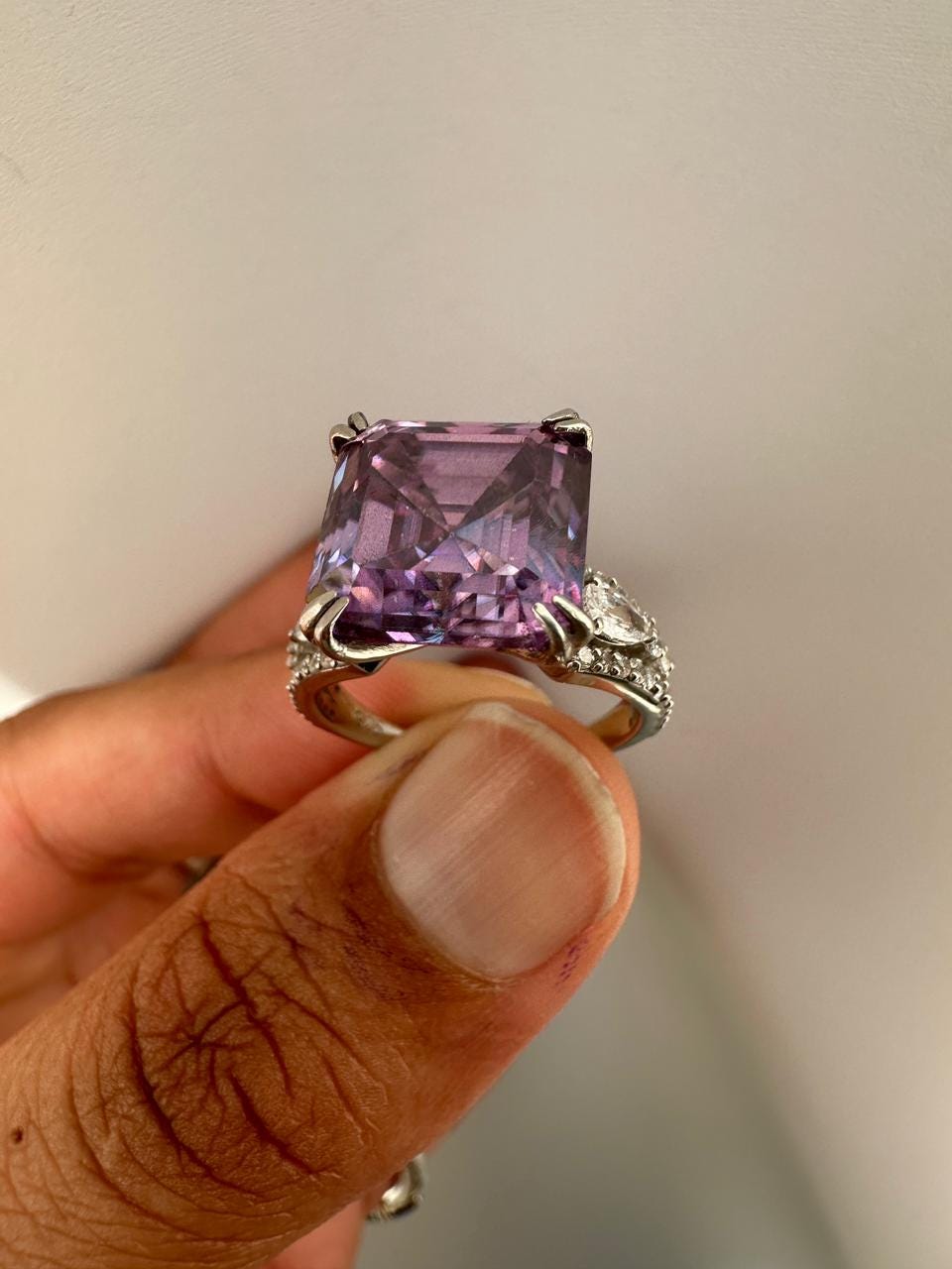 Lavender Asscher Moissanite Ring, 10 CT Luxury Engagement Ring 14k White Gold
