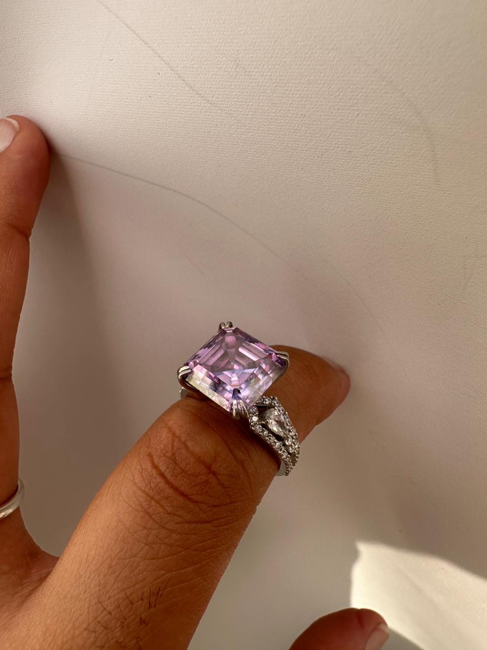 Lavender Asscher Moissanite Ring, 10 CT Luxury Engagement Ring 14k White Gold