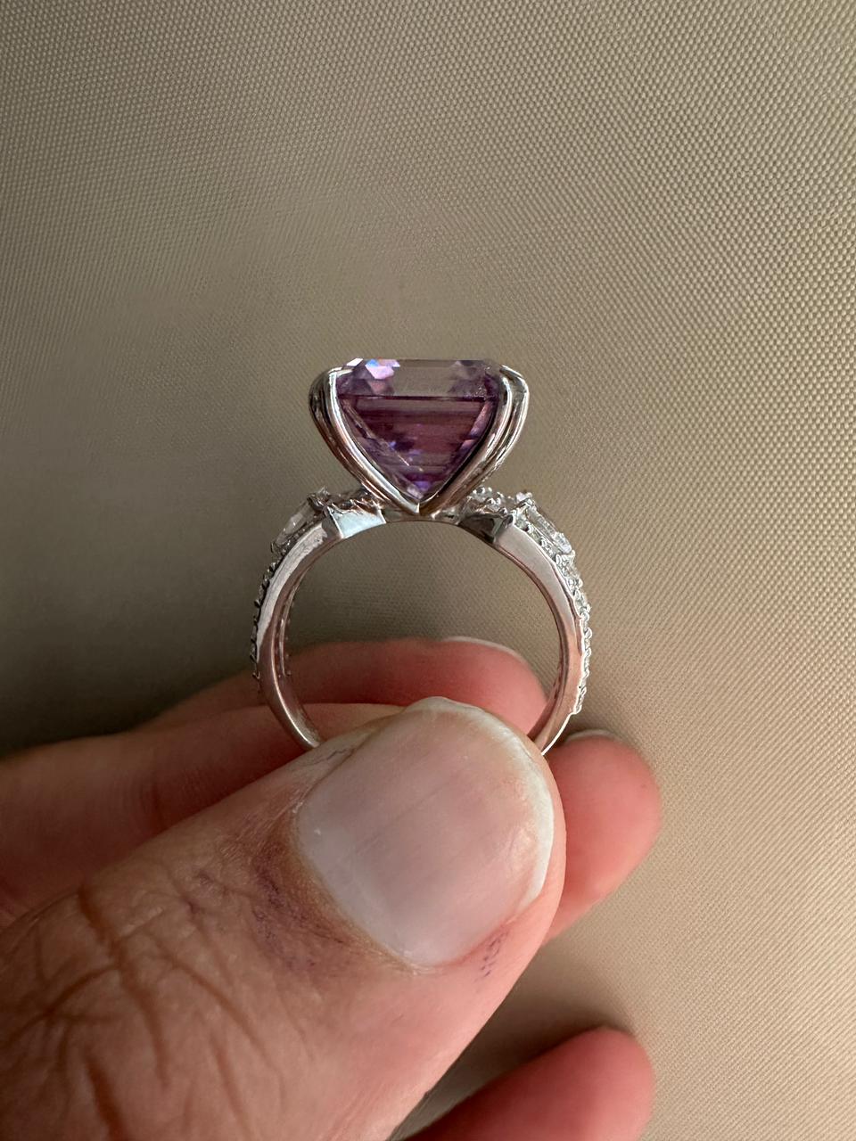 Lavender Asscher Moissanite Ring, 10 CT Luxury Engagement Ring 14k White Gold