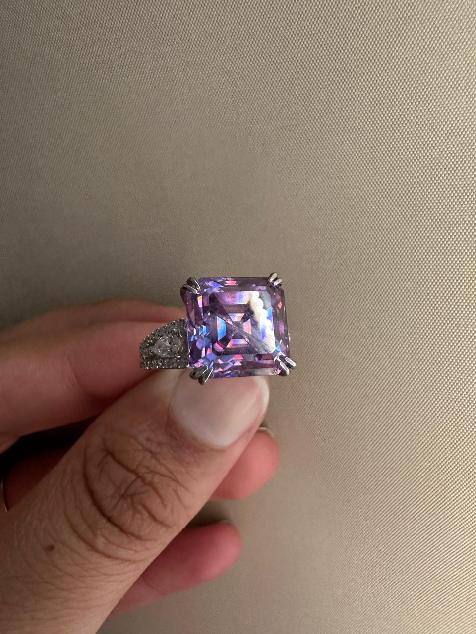 Lavender Asscher Moissanite Ring, 10 CT Luxury Engagement Ring 14k White Gold