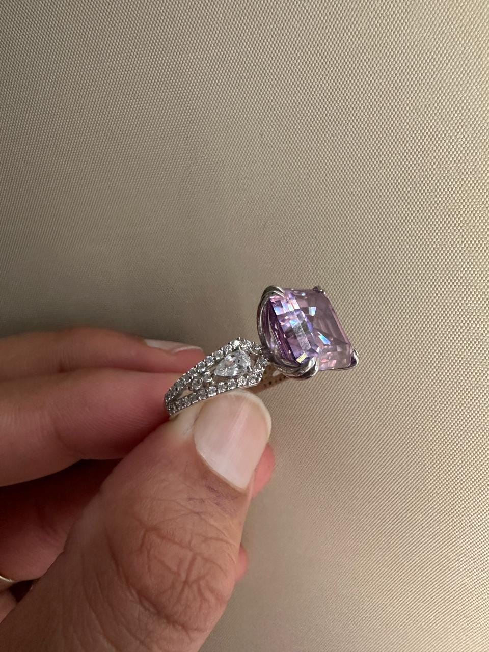 10 CT Purple Moissanite Statement Ring, Asscher Cut Luxury Engagement Ring, 14k White Gold
