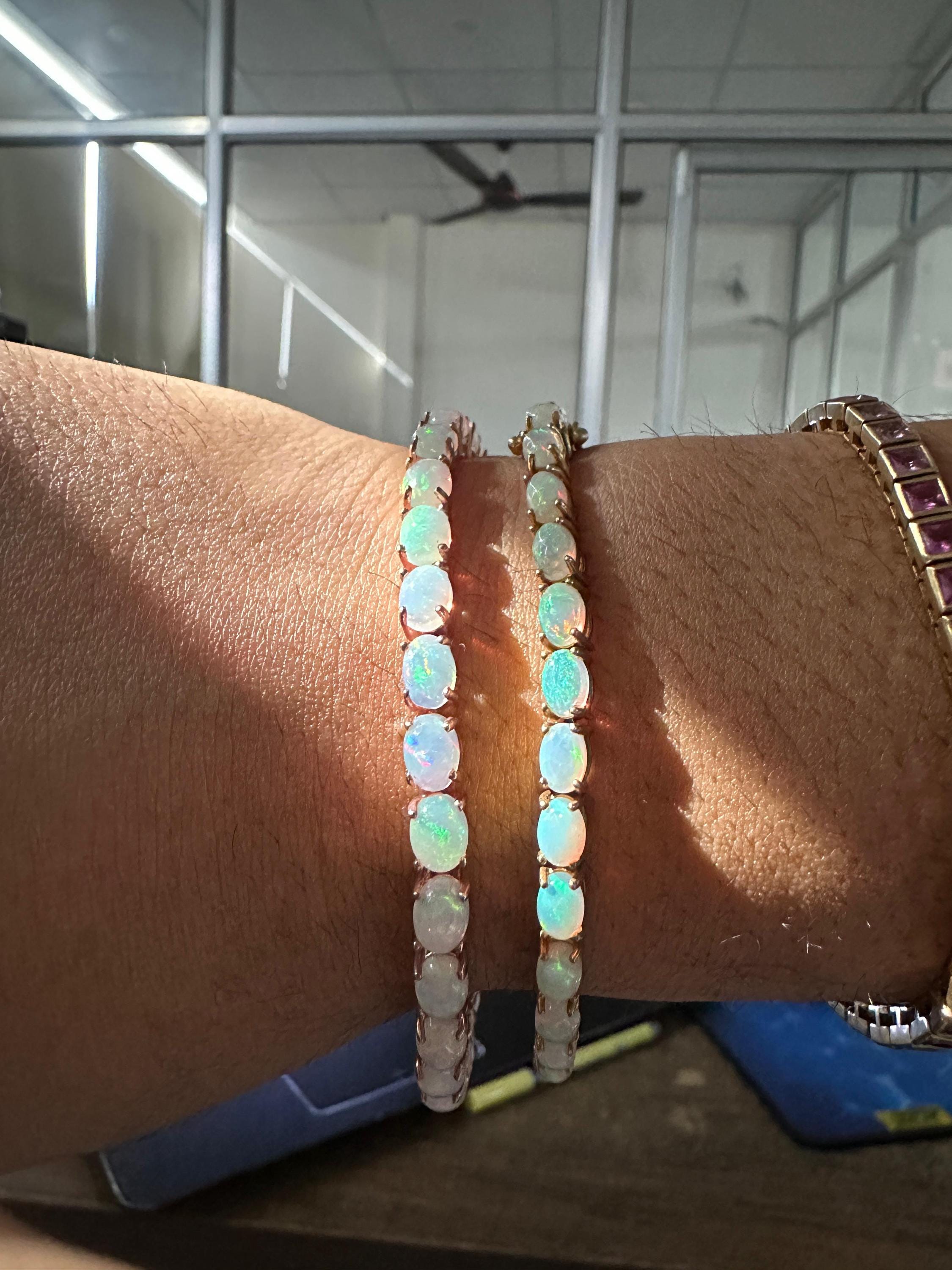 His & Hers Opal Tennis Bracelet Set, Luxury Couple Jewelry in Gold Finish, October Birthstone