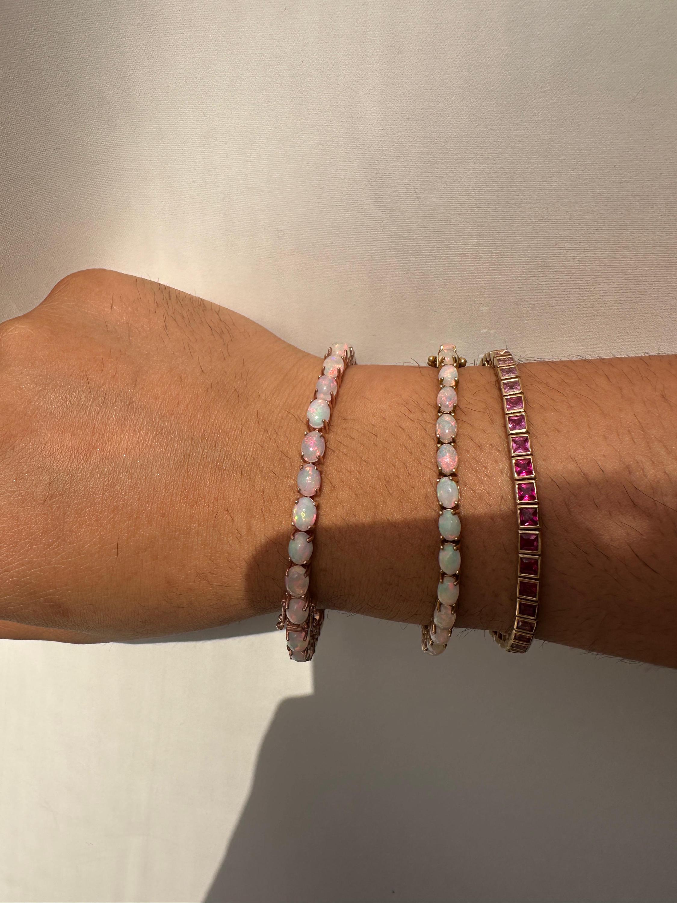 His & Hers Opal Tennis Bracelet Set, Luxury Couple Jewelry in Gold Finish, October Birthstone