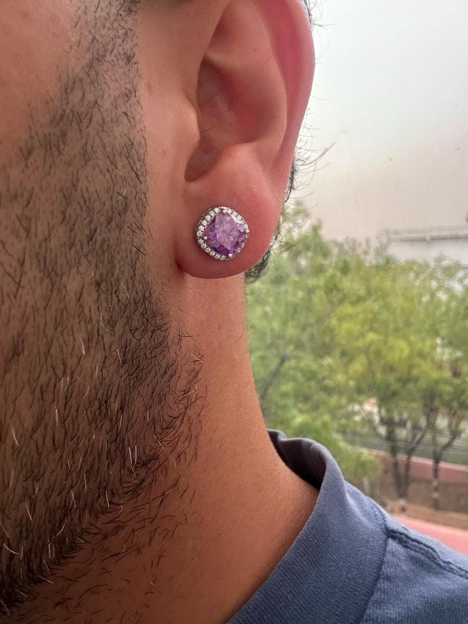 Purple Cushion Cut Moissanite Halo Stud Earrings, 925 Sterling Silver