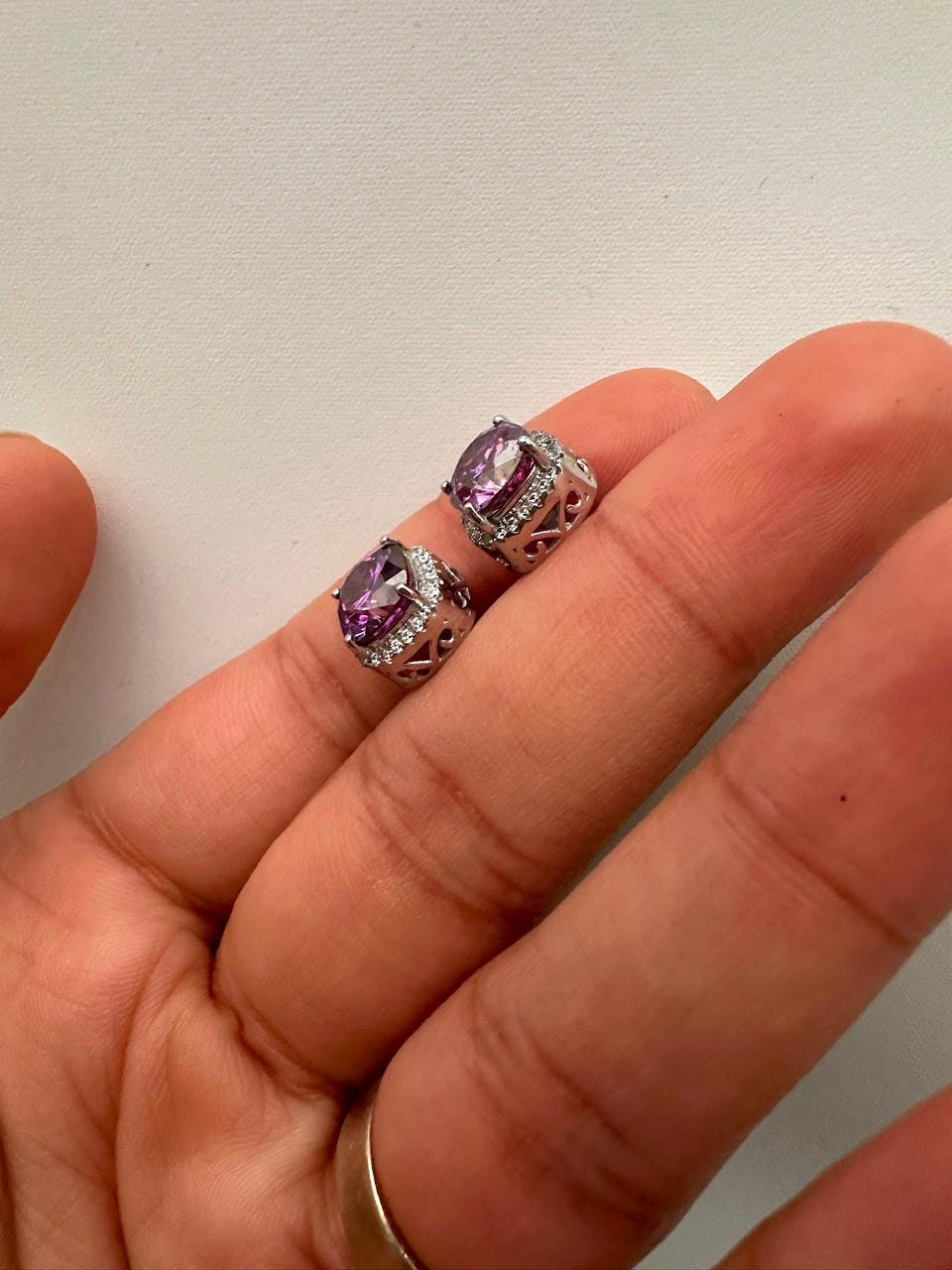 Purple Cushion Cut Moissanite Halo Stud Earrings, 925 Sterling Silver