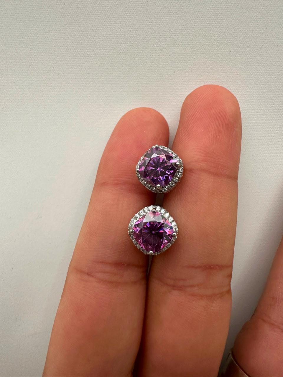 Purple Cushion Cut Moissanite Halo Stud Earrings, 925 Sterling Silver