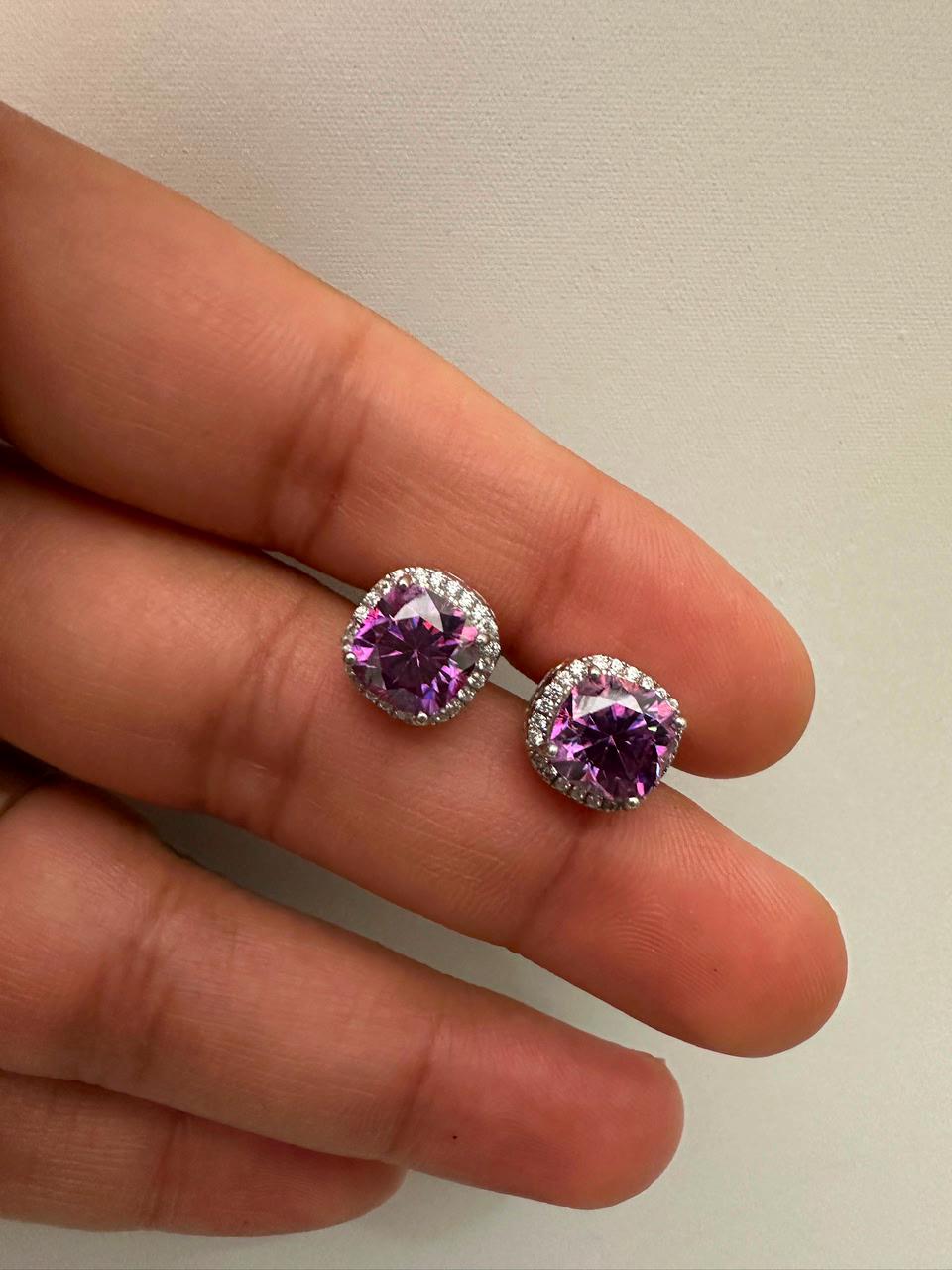 Purple Cushion Cut Moissanite Halo Stud Earrings, 925 Sterling Silver