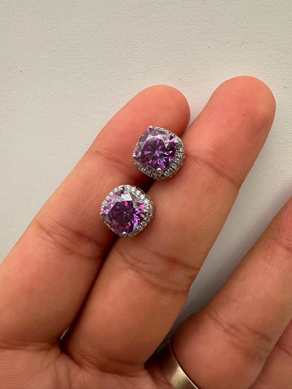 Purple Cushion Cut Moissanite Halo Stud Earrings, 925 Sterling Silver