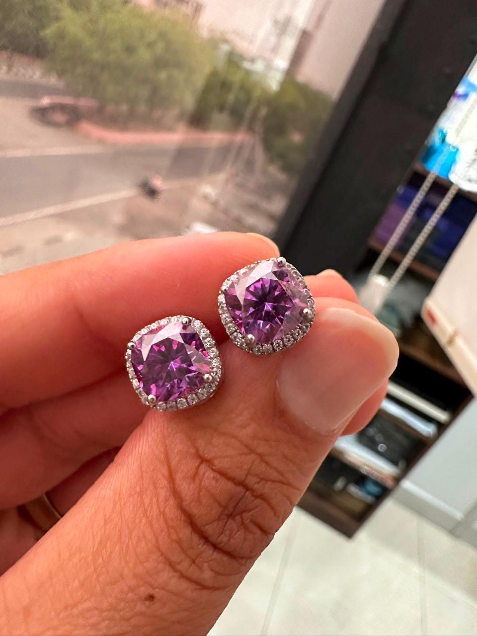 Purple Cushion Cut Moissanite Halo Stud Earrings, 925 Sterling Silver