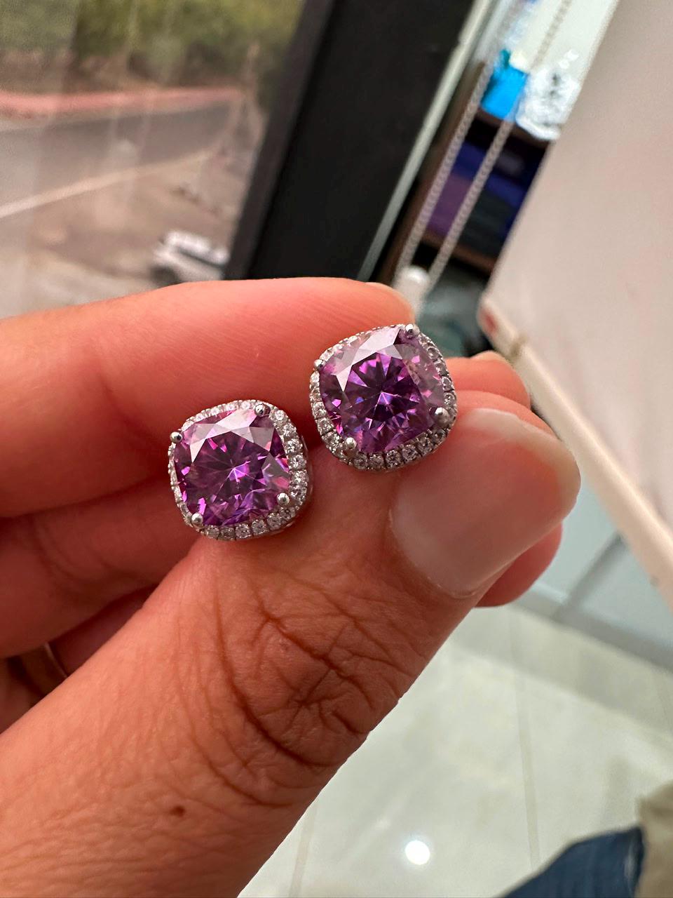 Purple Cushion Cut Moissanite Halo Stud Earrings, 925 Sterling Silver