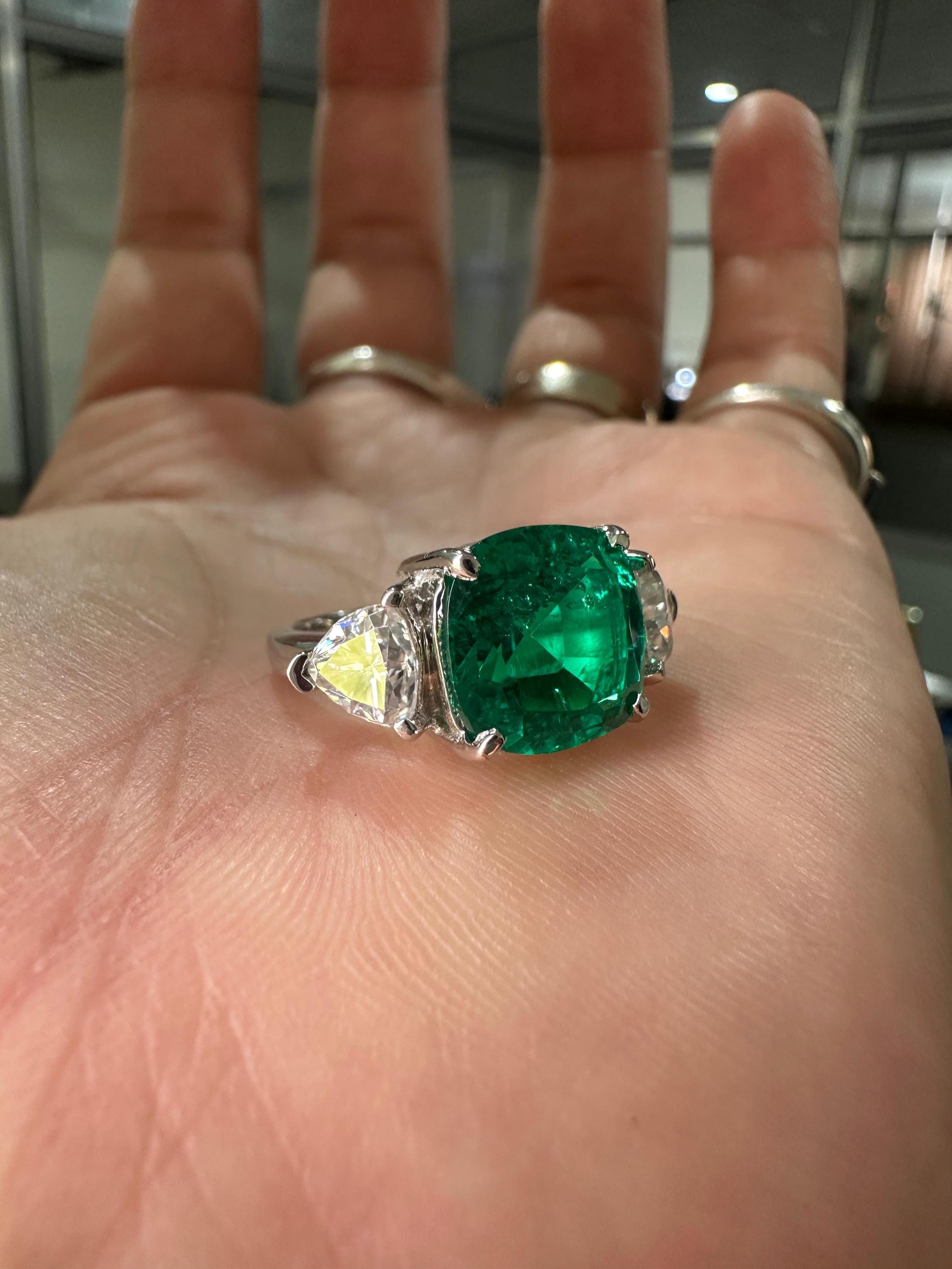 Lab Colombian Emerald Engagement Ring, 6 CT Cushion Cut, 14K White Gold Three Stone Ring